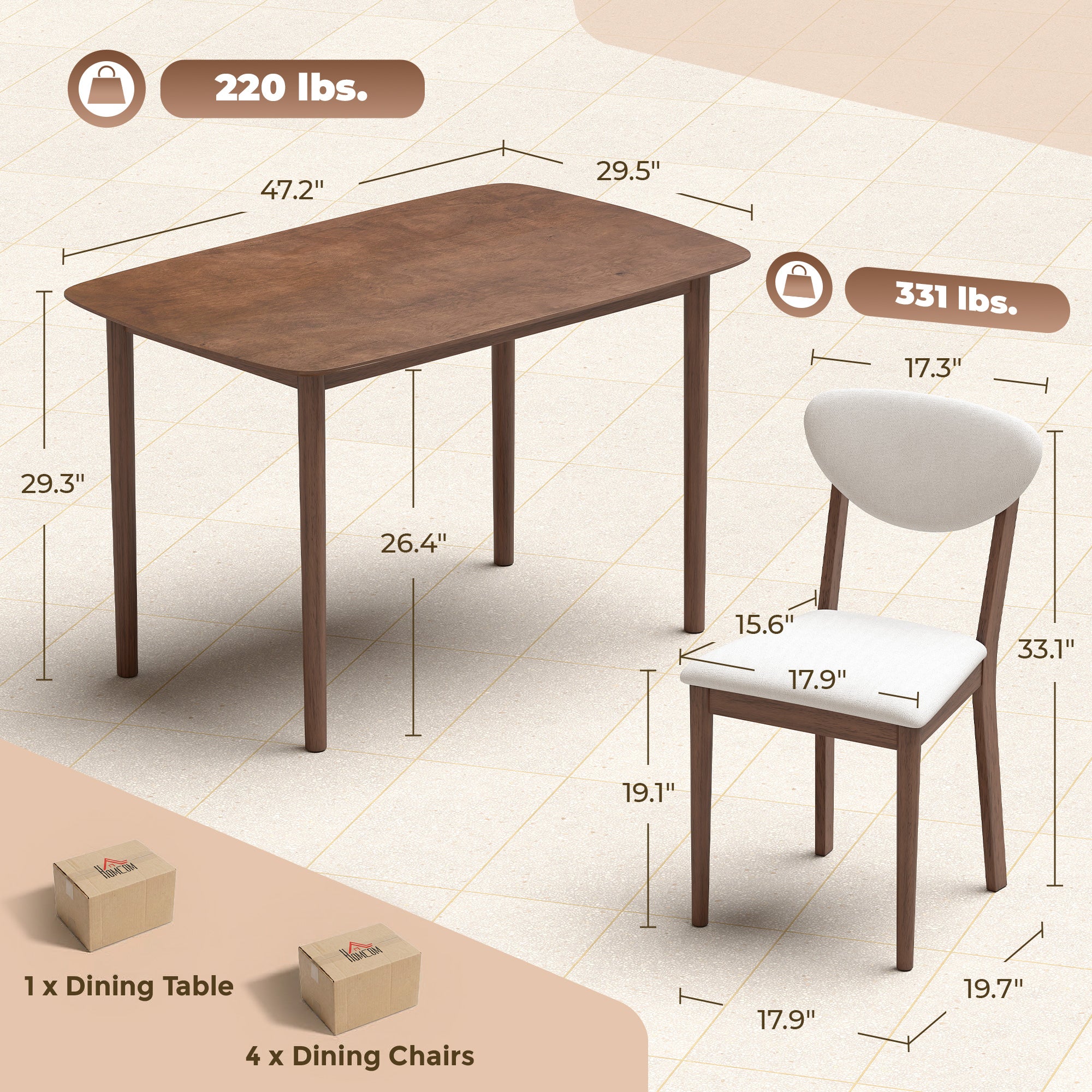 5-Piece Dining Table Set for 4, Mid-Century Modern Kitchen Table and Chairs with Padded Seats and Backrests, Solid Wood Frame for Small Space, Dining Room, Living Room, Cream White