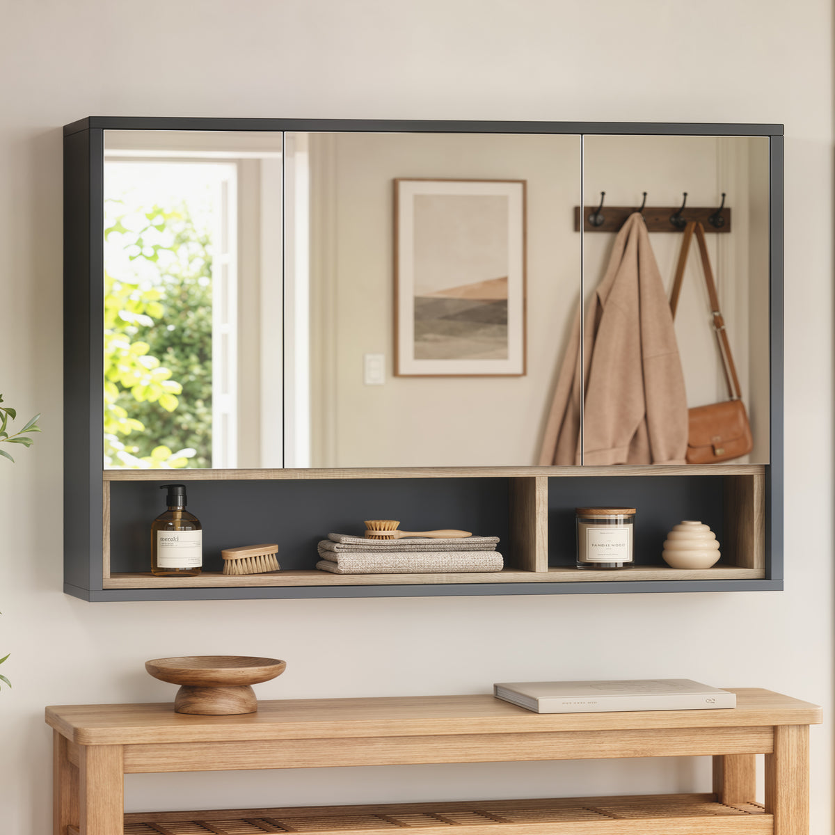 Medicine Cabinet with Mirror, Wall Mounted Bathroom Mirror Cabinet with Shelves, 3 Doors Storage Cabinet, Grey