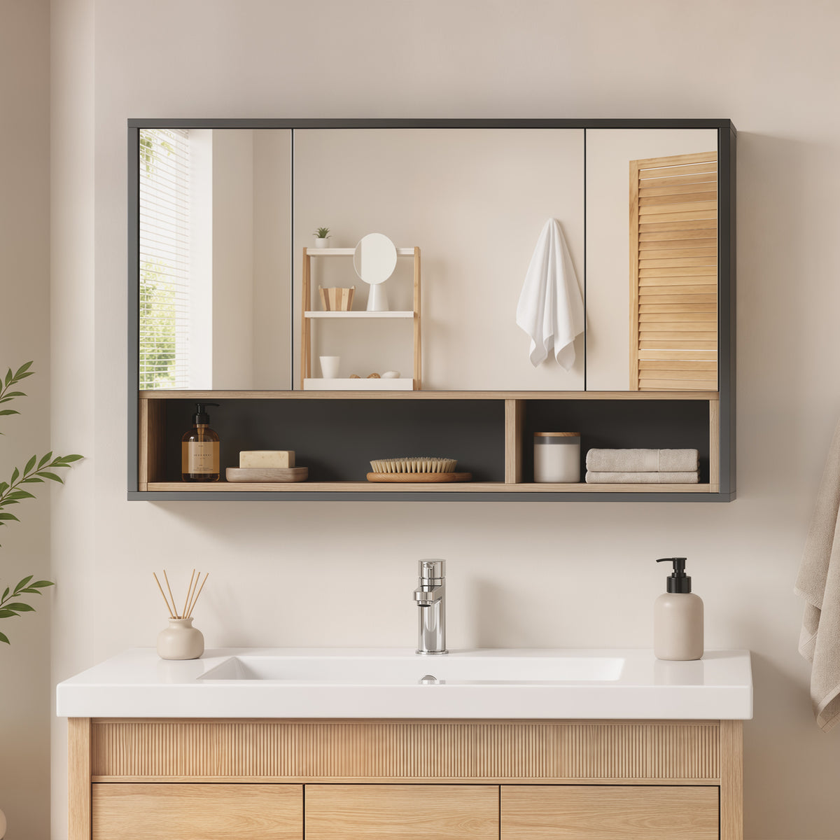 Medicine Cabinet with Mirror, Wall Mounted Bathroom Mirror Cabinet with Shelves, 3 Doors Storage Cabinet, Grey