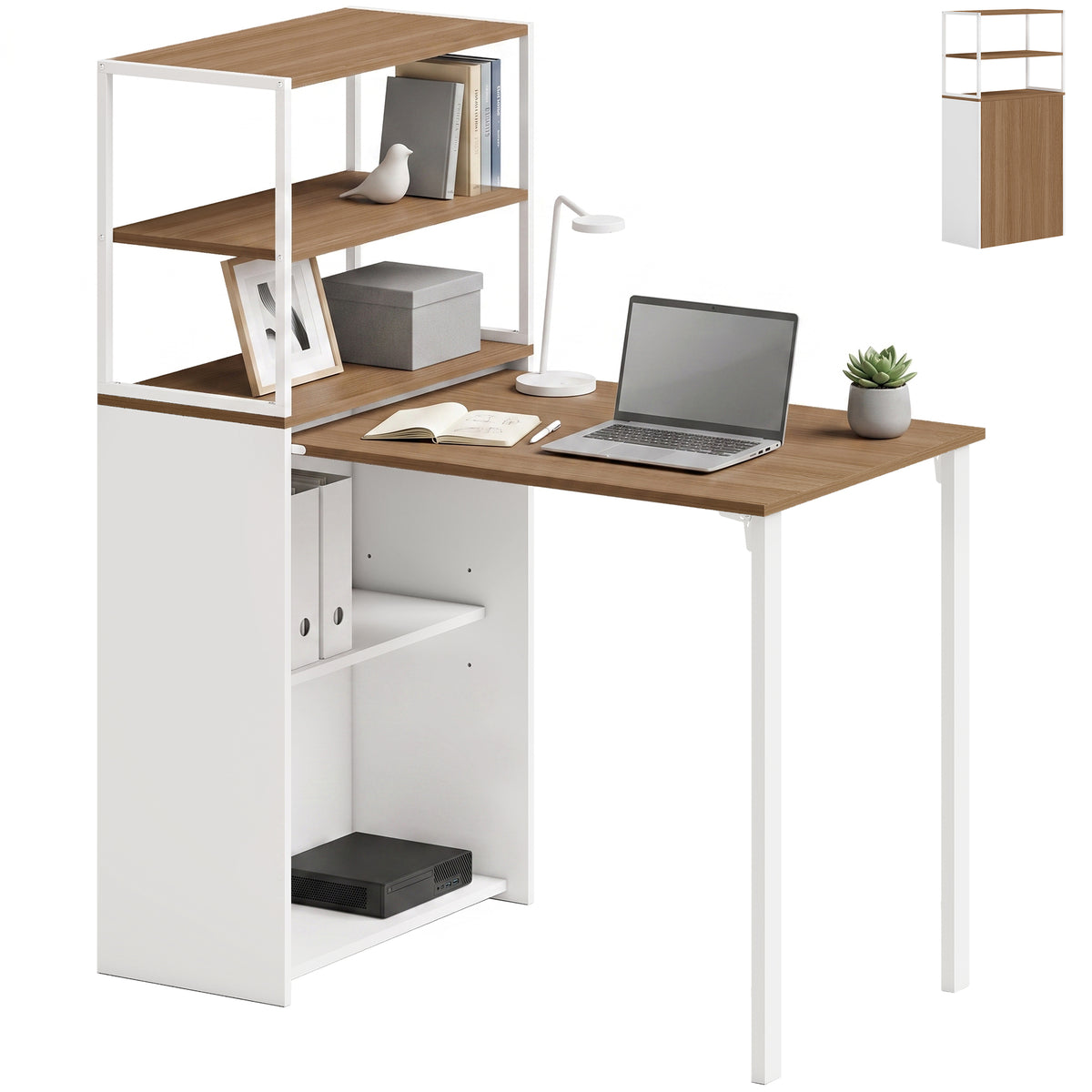 Folding Computer Desk with 4-Tier Bookshelf, 41" Space-Saving Home Office Desk, 2-in-1 Compact Industrial Office Table for Small Spaces, Home Office, Natural