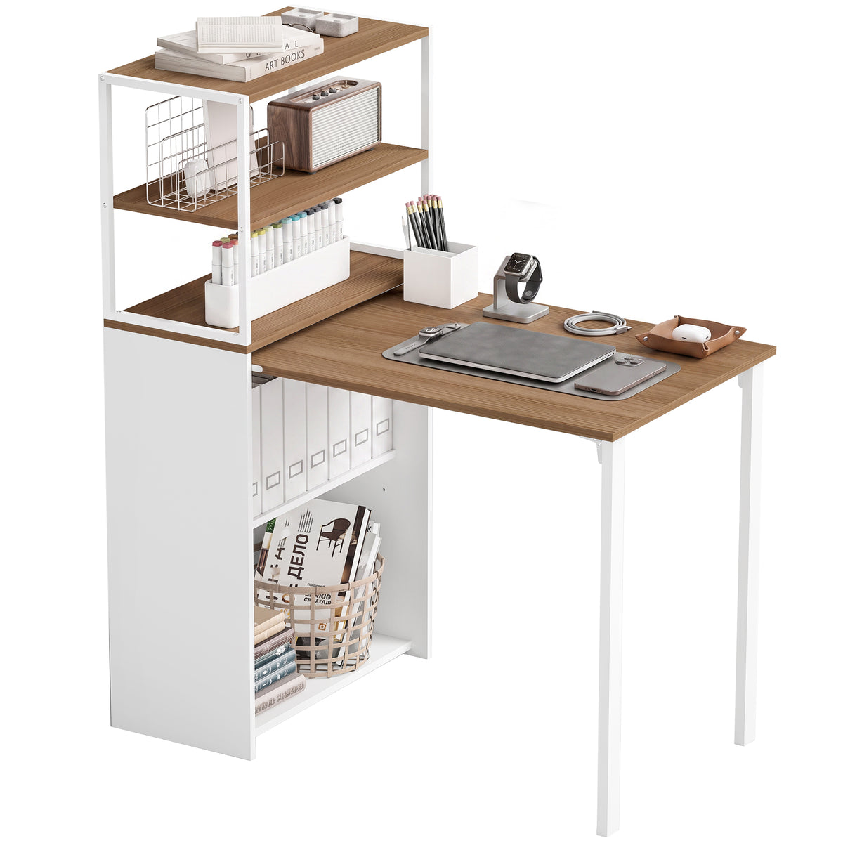 Folding Computer Desk with 4-Tier Bookshelf, 41" Space-Saving Home Office Desk, 2-in-1 Compact Industrial Office Table for Small Spaces, Home Office, Natural