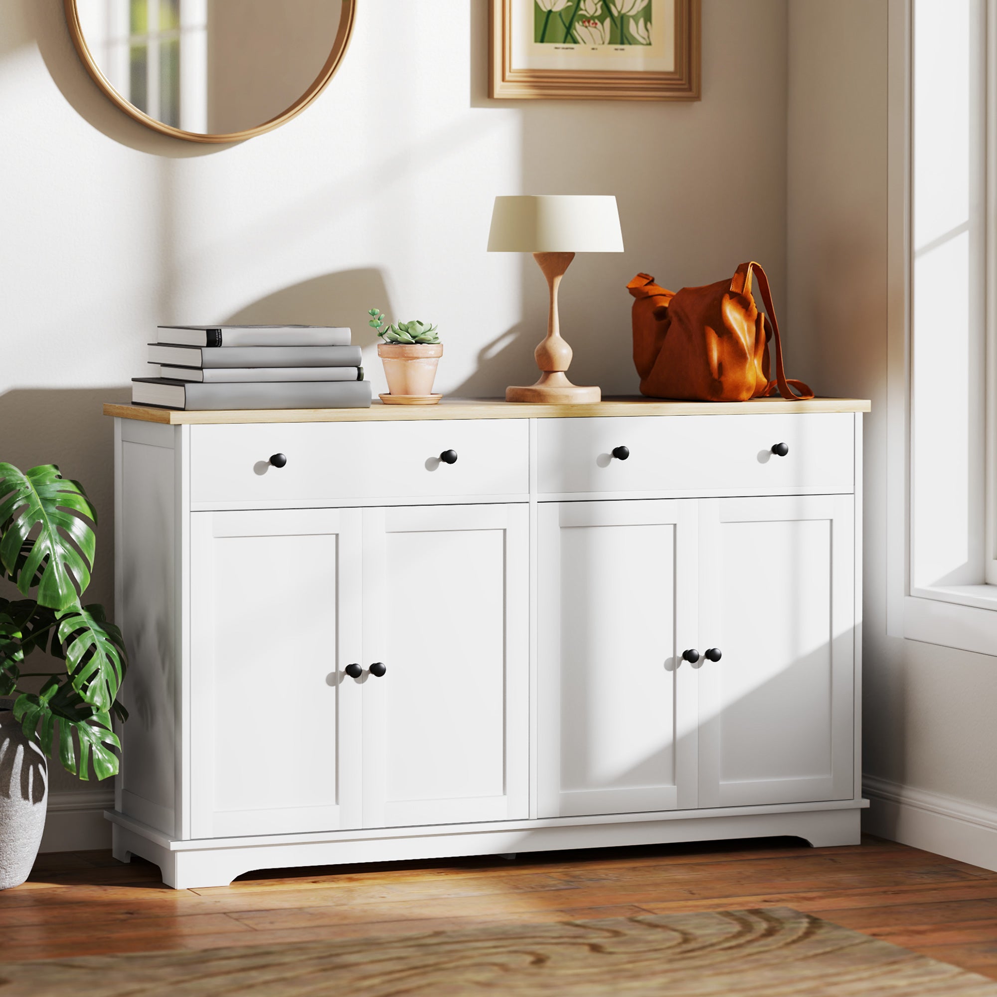 Modern Sideboard Buffet Cabinet With Storage Drawers And Adjustable Shelves For Living Room White