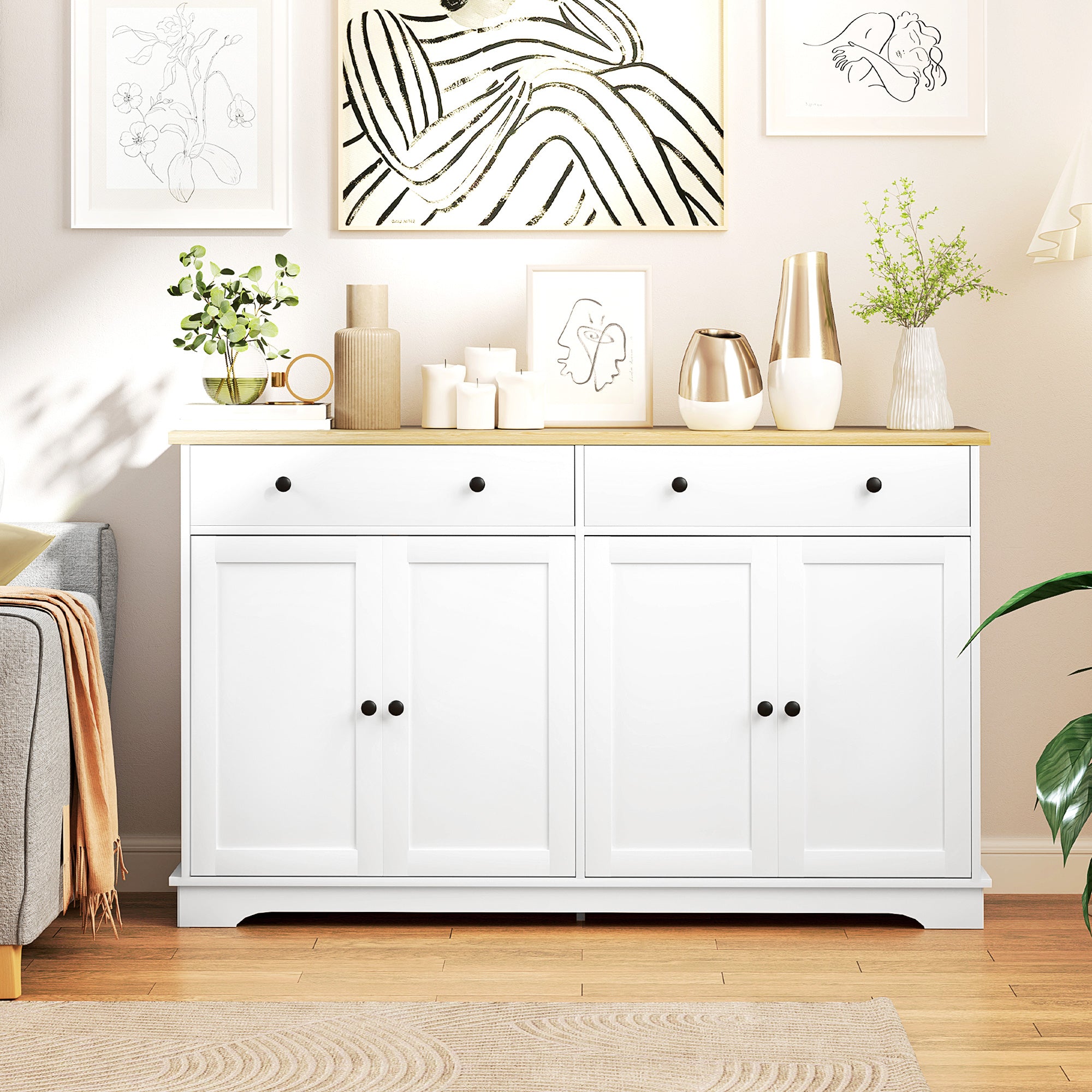 Modern Sideboard Buffet Cabinet With Storage Drawers And Adjustable Shelves For Living Room White