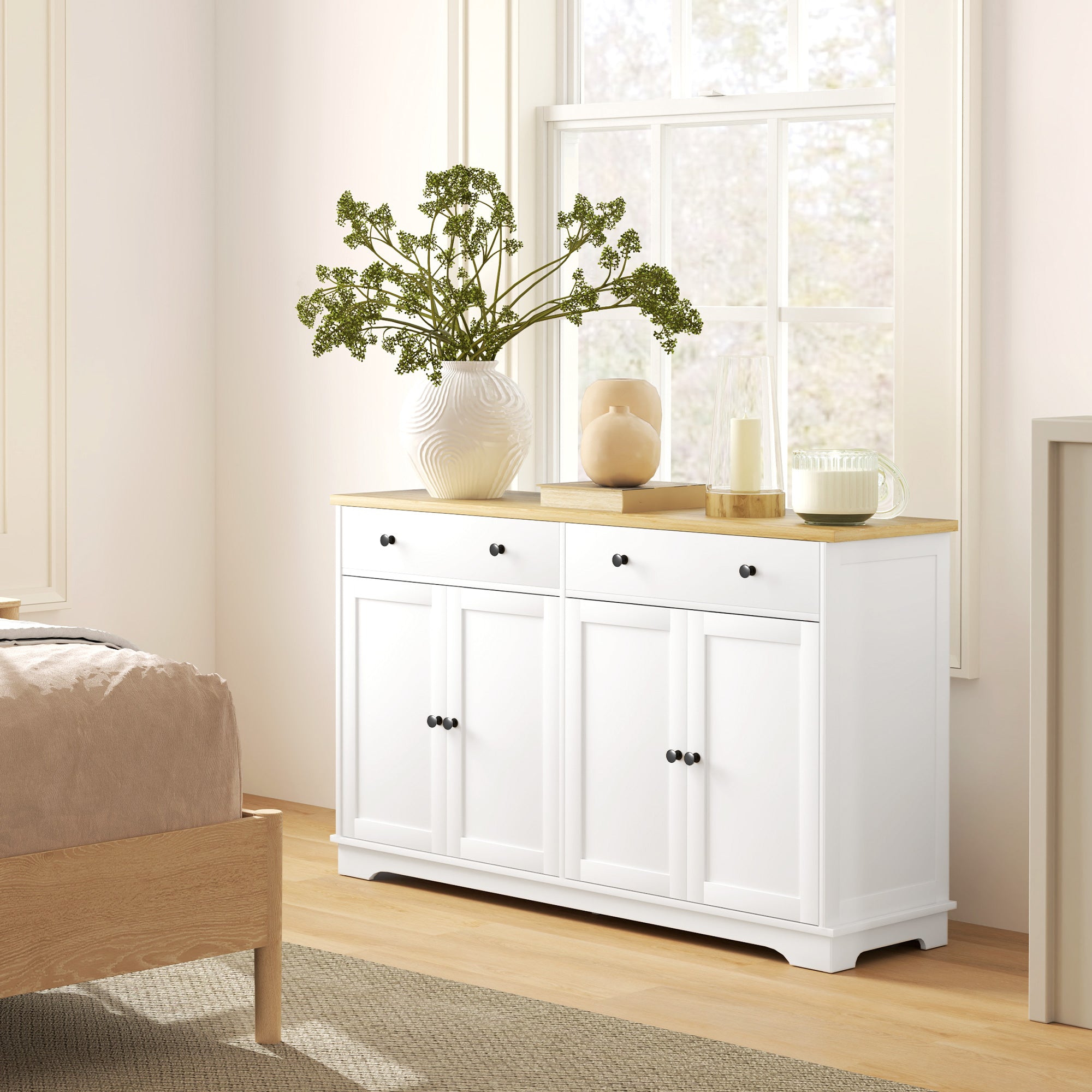 Modern Sideboard Buffet Cabinet With Storage Drawers And Adjustable Shelves For Living Room White