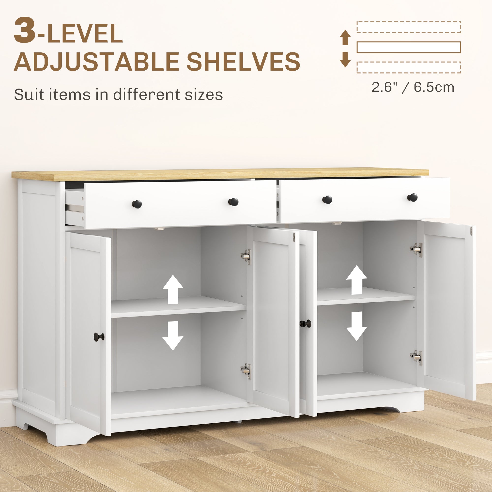 Modern Sideboard Buffet Cabinet With Storage Drawers And Adjustable Shelves For Living Room White