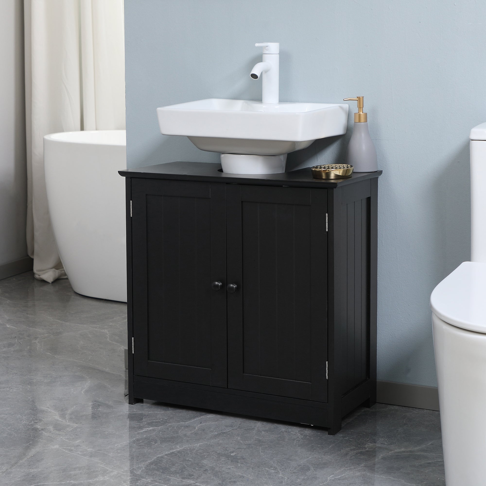 Under Sink Bathroom Cabinet with 2 Doors and Shelf Pedestal Sink Vanity Cabinet Black