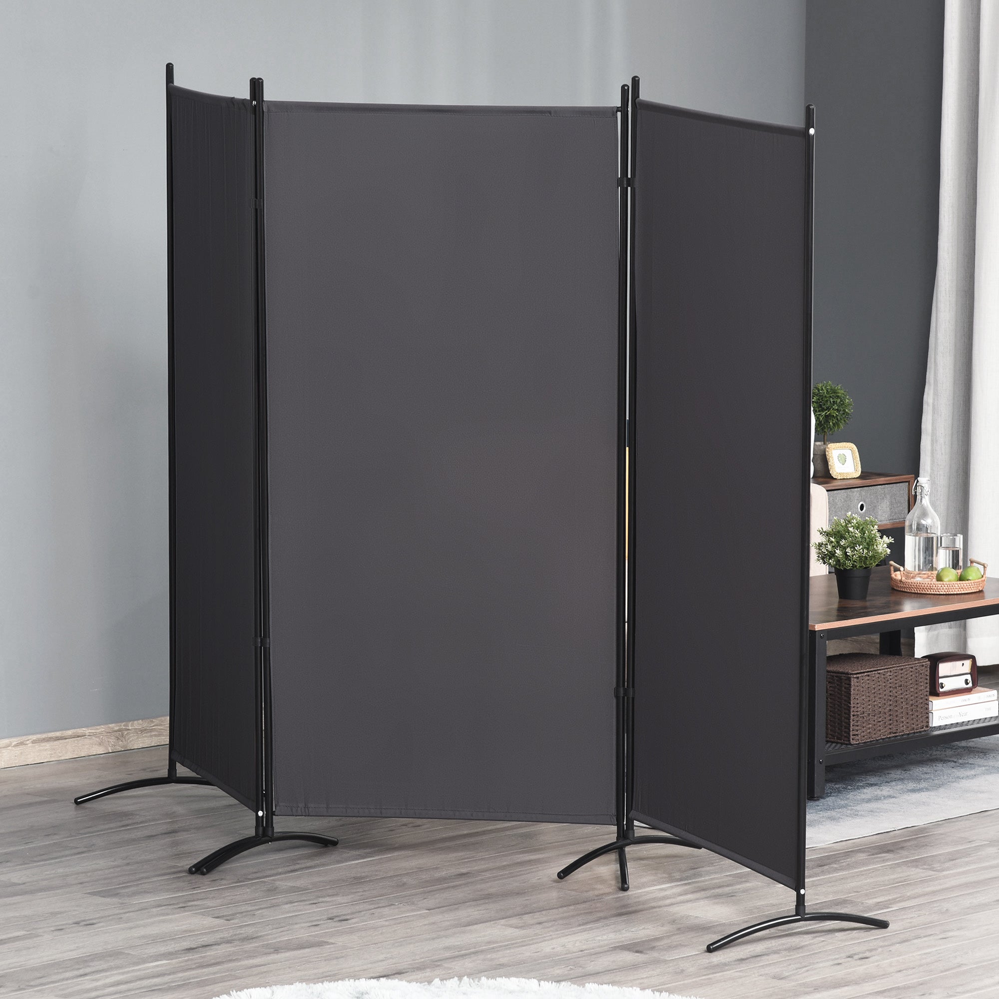 HOMCOM 3 Panel Room Divider, 6 Ft Double Hinged Folding Privacy Screen, Portable Freestanding Partition Wall Divider for Home Office, Charcoal Grey