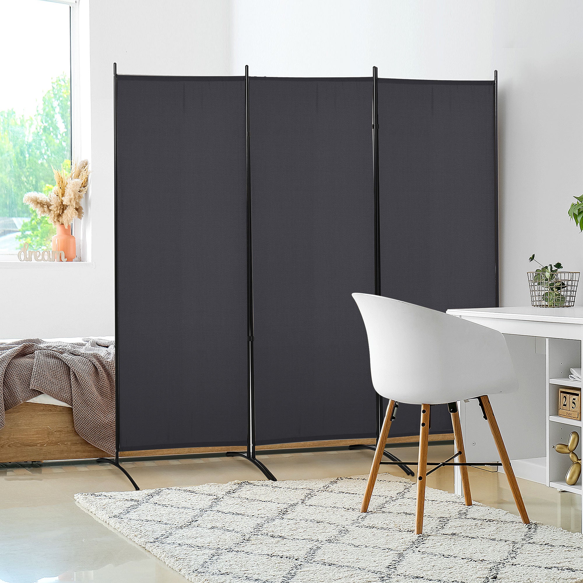 HOMCOM 3 Panel Room Divider, 6 Ft Double Hinged Folding Privacy Screen, Portable Freestanding Partition Wall Divider for Home Office, Charcoal Grey