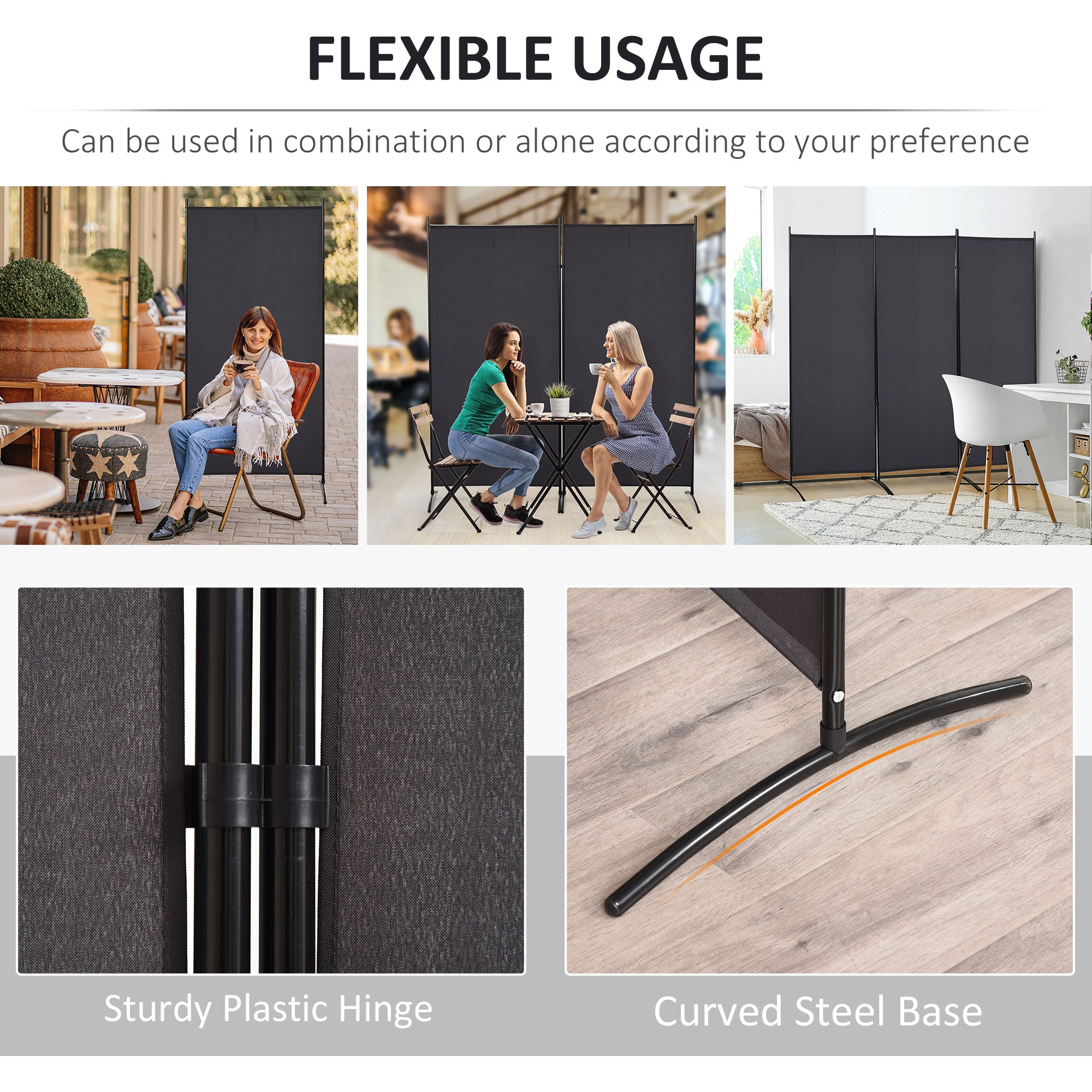 HOMCOM 3 Panel Room Divider, 6 Ft Double Hinged Folding Privacy Screen, Portable Freestanding Partition Wall Divider for Home Office, Charcoal Grey