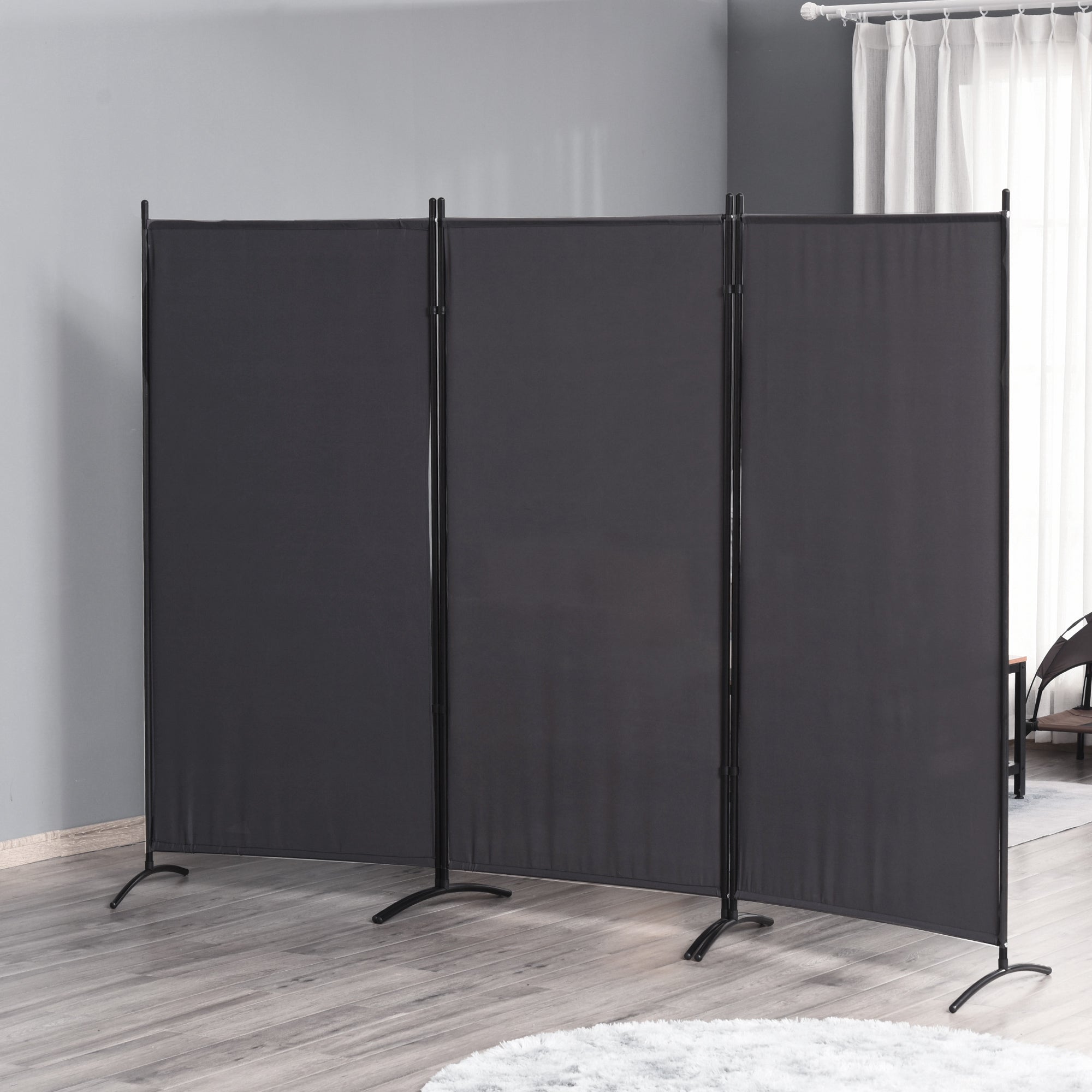 HOMCOM 3 Panel Room Divider, 6 Ft Double Hinged Folding Privacy Screen, Portable Freestanding Partition Wall Divider for Home Office, Charcoal Grey