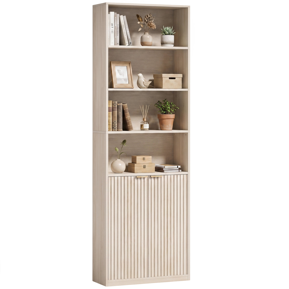 Slim Bookcase, 6-Tier Tall Bookshelf, Freestanding Shelving Unit with Cabinet, Adjustable Shelf, 60 x 24 x 182 cm for Living Room, Study, Home Office, Oak Wood Effect