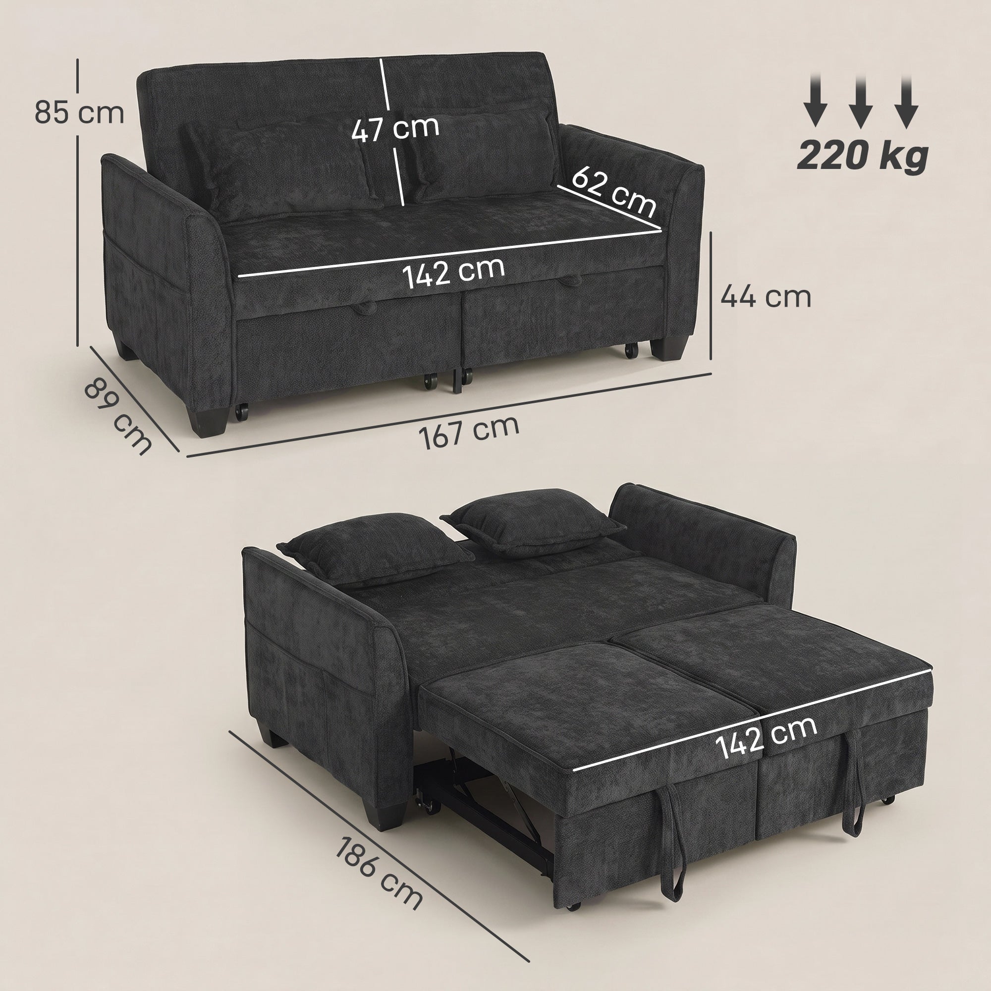 2 Seater Sofa Bed, 4-in-1 L Shaped Convertible Pull Out Sleeper Sofa with Adjustable Backrest, Chenille Loveseat with 2 Pillows, Wide Deep Seat, Side Pockets for Living Room, Black