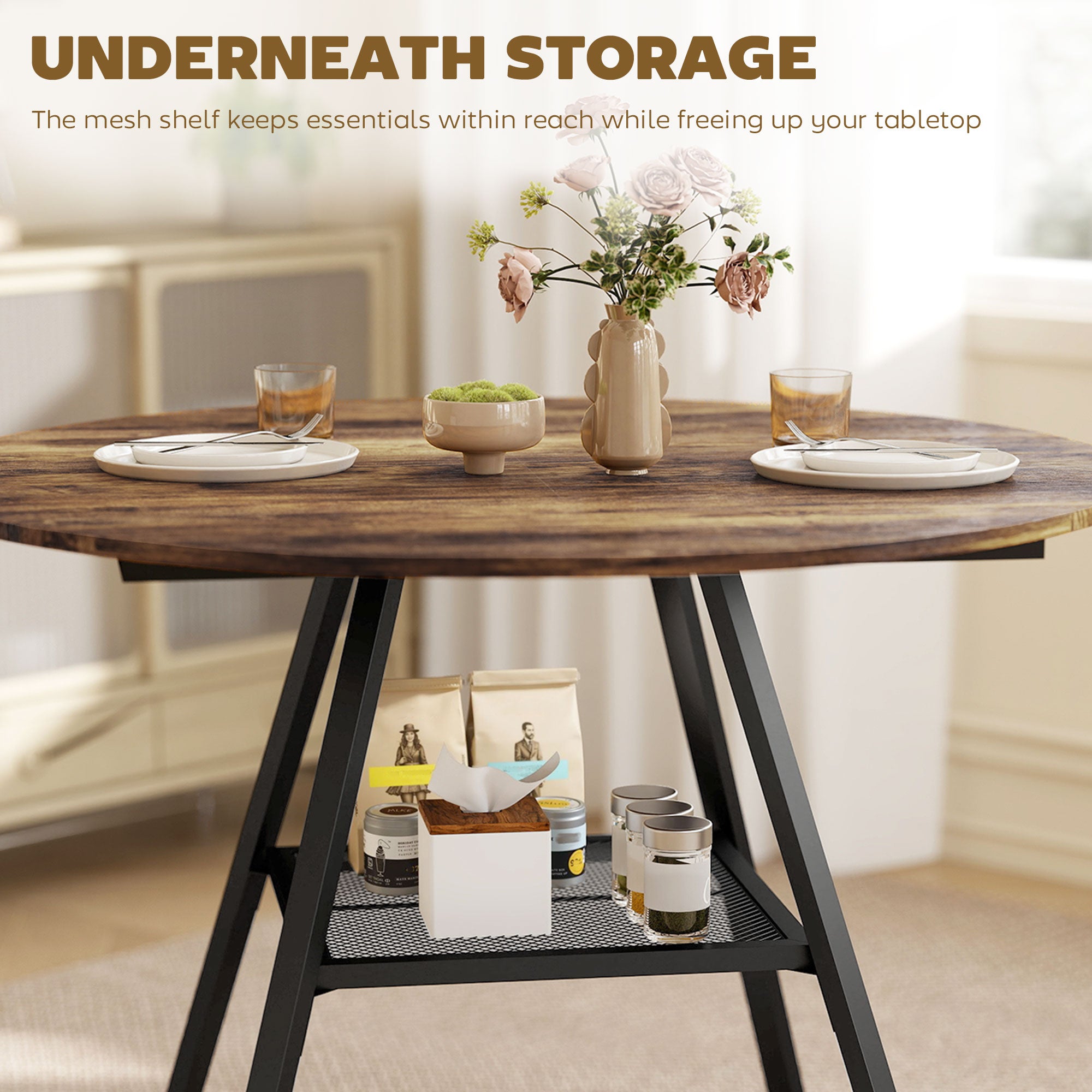 Dining Table for 4 People, 100 cm Round Industrial Kitchen Table with Storage Shelf, Wood Effect Tabletop, Metal Base for Kitchen, Dining Room, Living Room, Rustic Brown