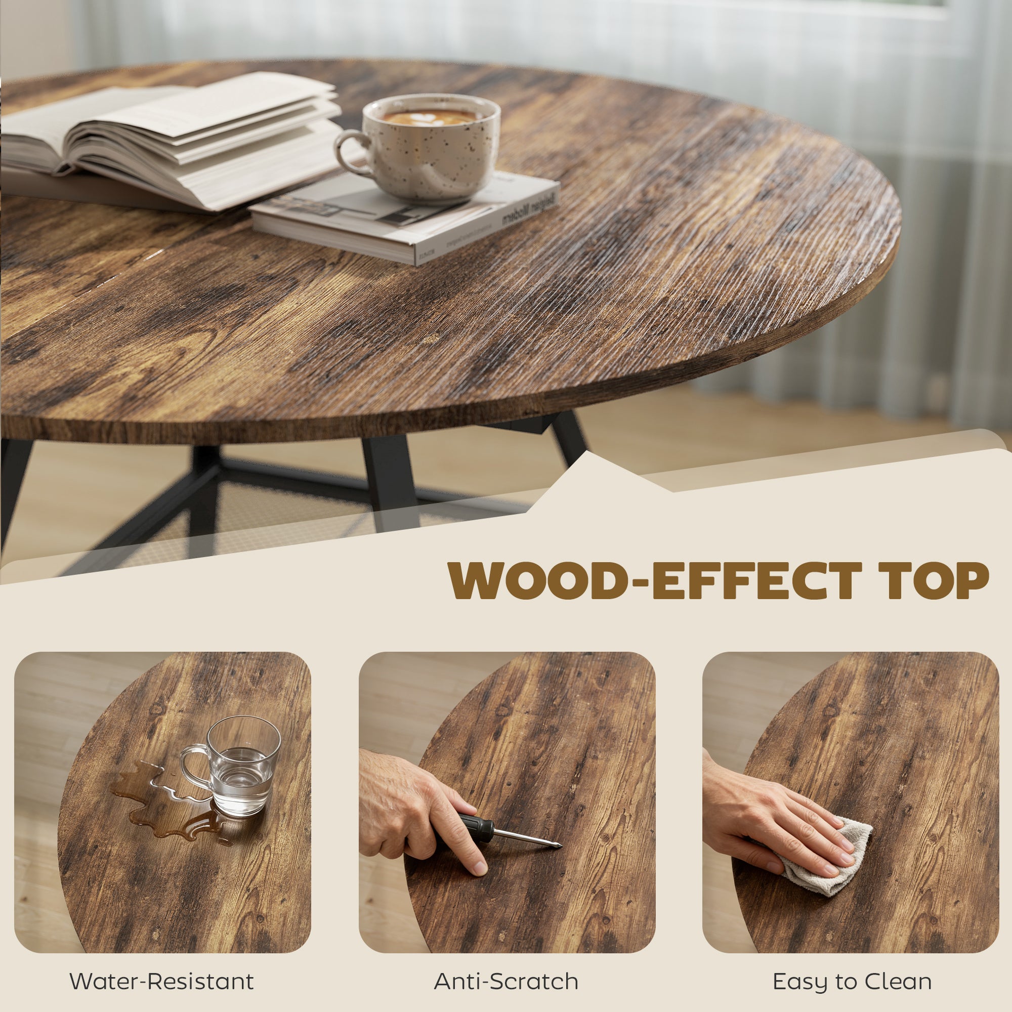 Dining Table for 4 People, 100 cm Round Industrial Kitchen Table with Storage Shelf, Wood Effect Tabletop, Metal Base for Kitchen, Dining Room, Living Room, Rustic Brown