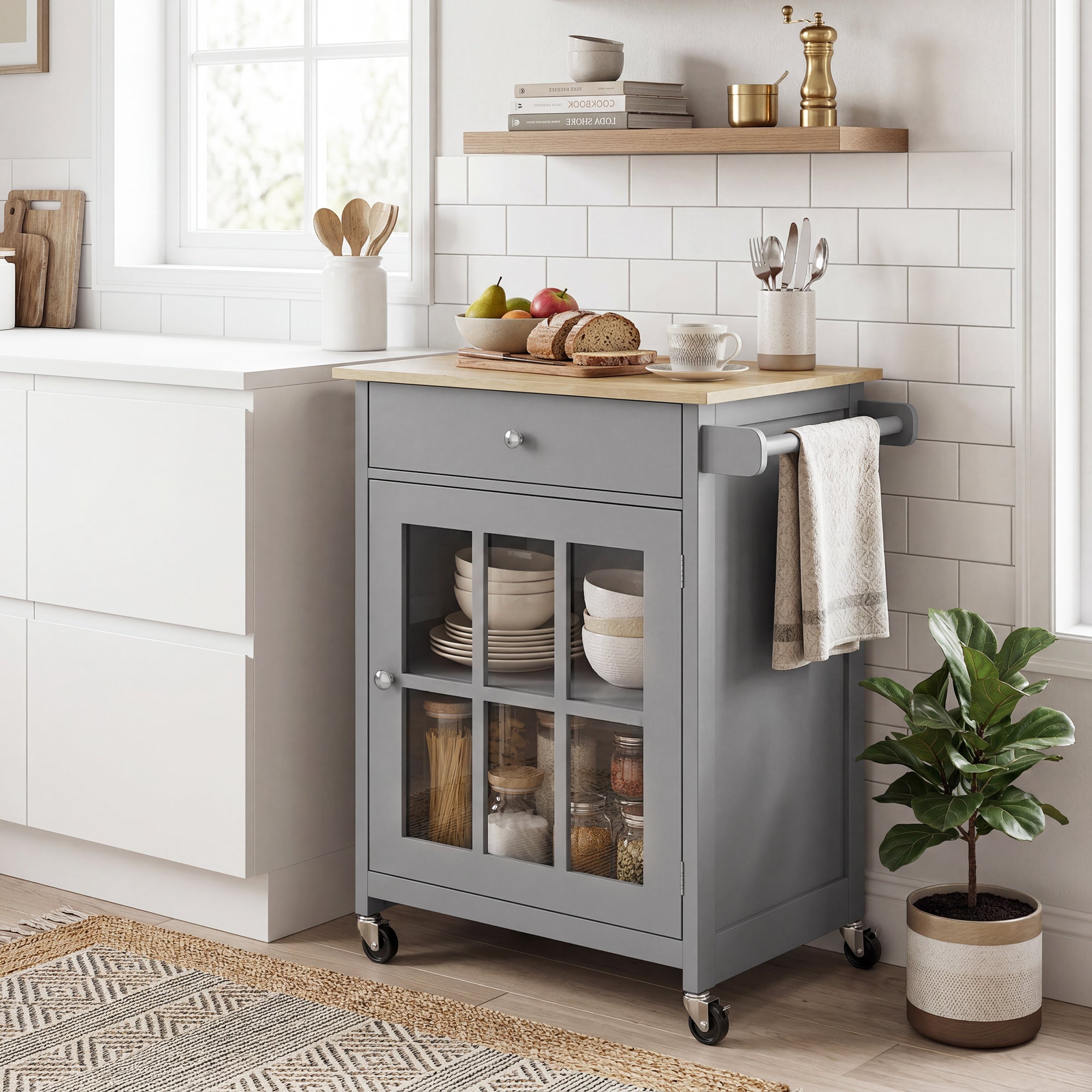 Rolling Kitchen Cart with Drawer and Glass Door Cabinet, Kitchen Island on Wheels with Adjustable Shelf and Towel Rack (Dark Grey)