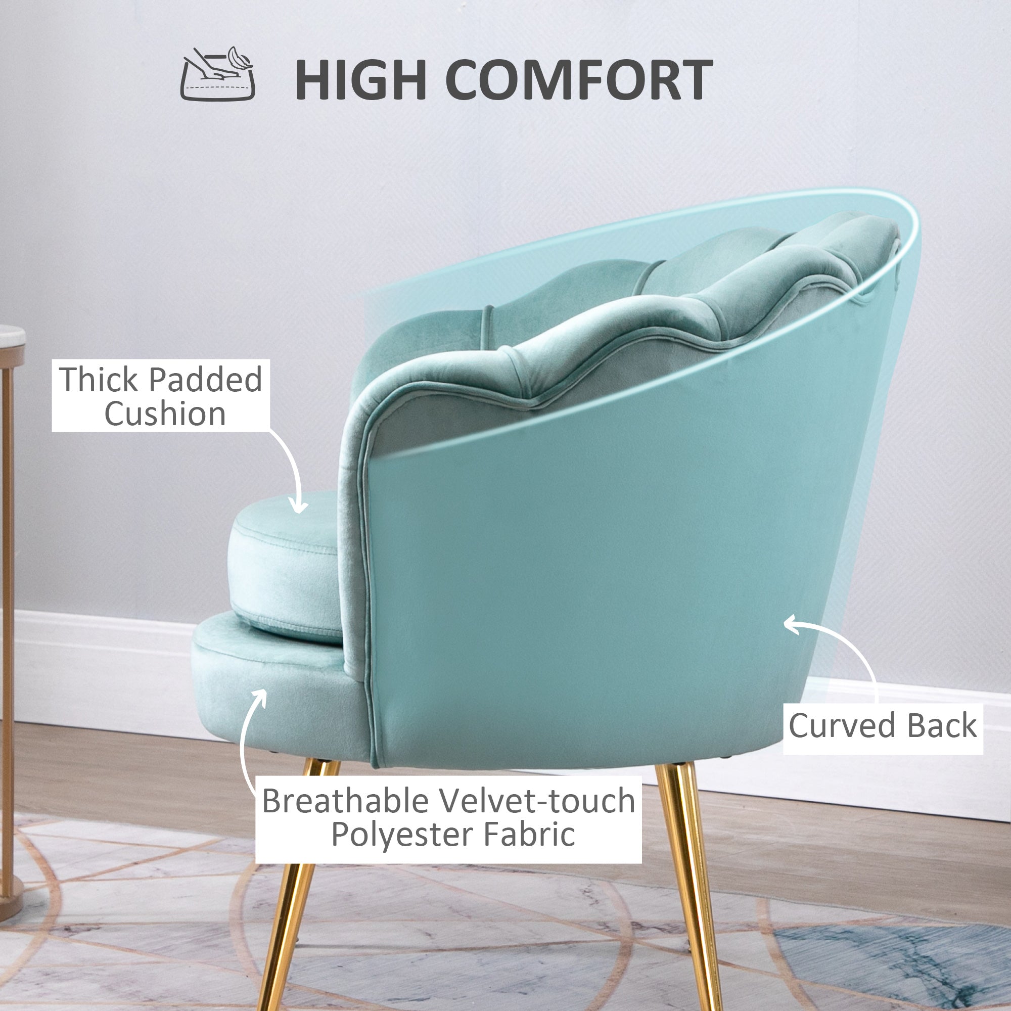 HOMCOM Modern Accent Chair, Velvet-Touch Fabric Leisure Club Chair with Gold Metal Legs for Bedroom, Green