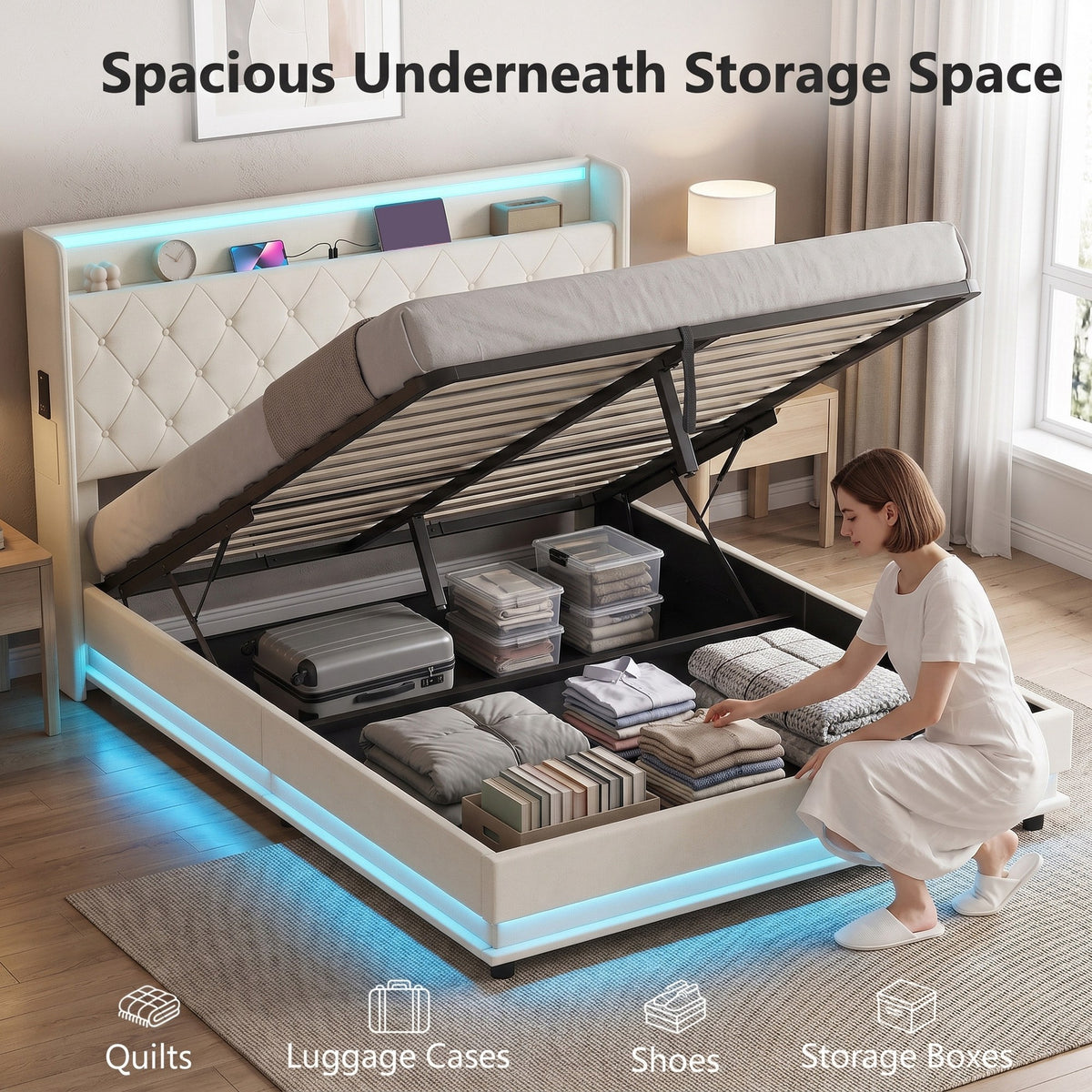 5ft King Ottoman Bed Frame with Hydraulic Storage, APP Control LED Lights and Charging Station, Upholstered Lift Up Storage Bed Frame with Headboard, No Box Spring Needed, Cream White