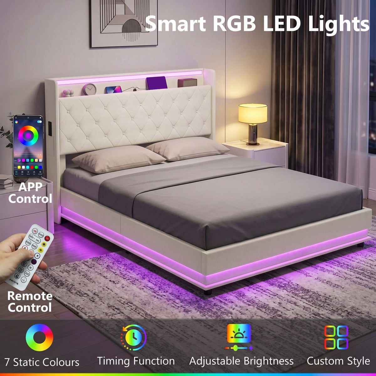 5ft King Ottoman Bed Frame with Hydraulic Storage, APP Control LED Lights and Charging Station, Upholstered Lift Up Storage Bed Frame with Headboard, No Box Spring Needed, Cream White