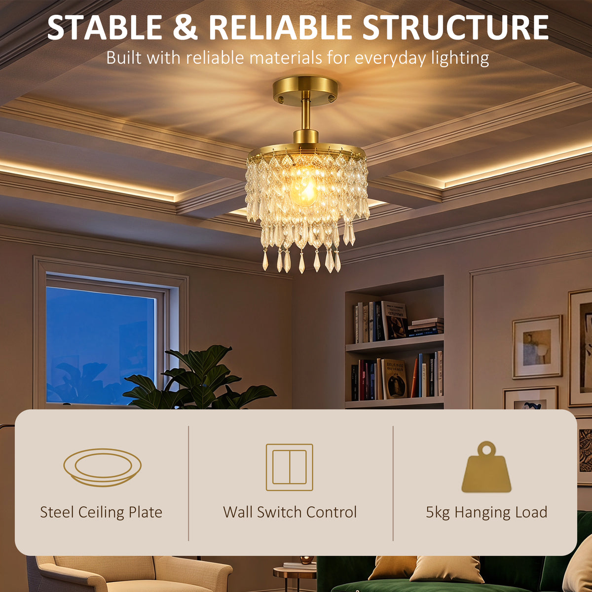 Crystal Ceiling Light with 57 Crystal Strands, Modern Ceiling Light with Mounting Plate for Bedroom, Dining Room, Hallway, Gold Tone, Bulb Not Included