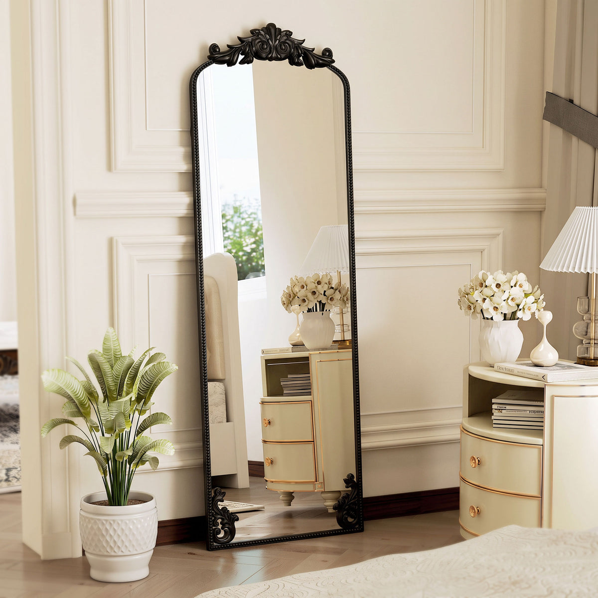 Full Length Mirror, 50 x 160 cm Hanging or Leaning Against Wall Floor Mirror with Baroque Metal Frame for Bedroom, Living Room, Dressing Room, Black