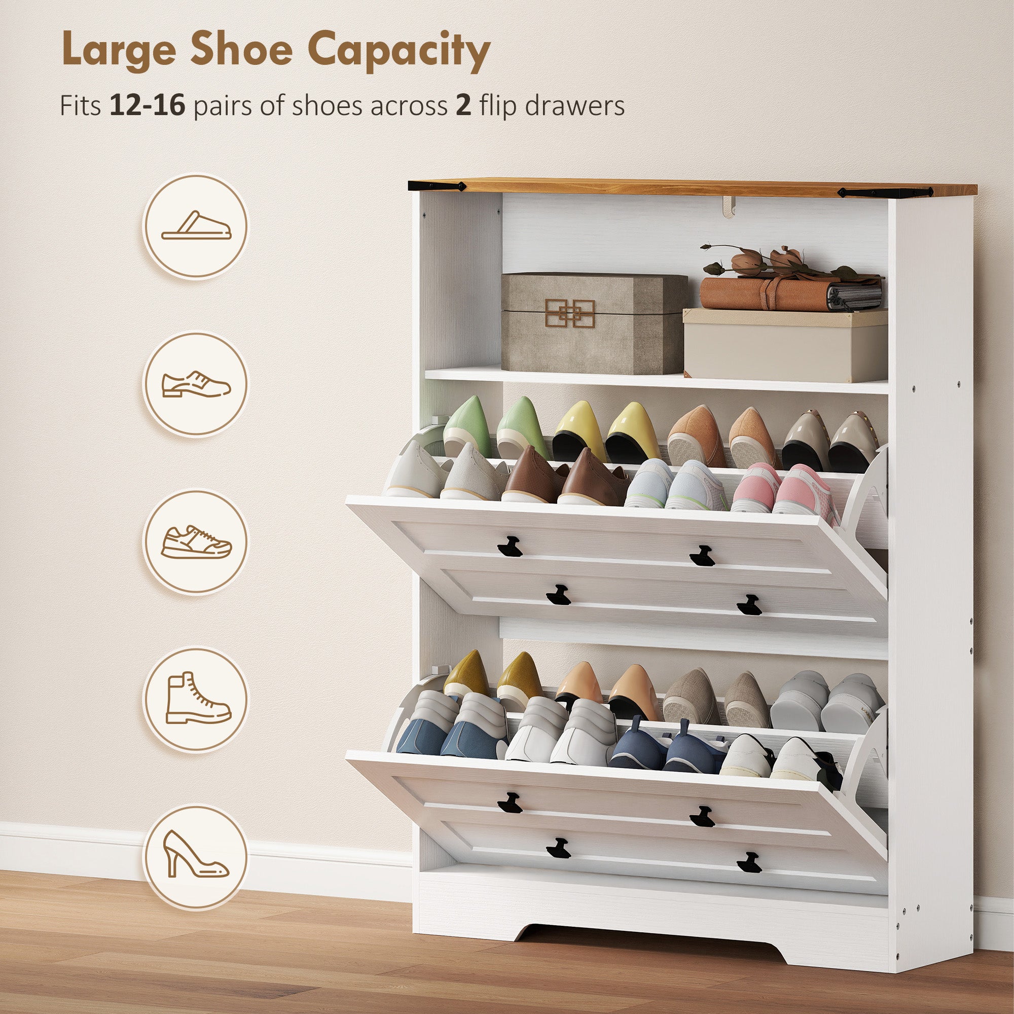 Shoe Cabinet with 2 Flip Drawers, Narrow Shoe Storage Cabinet with Adjustable Shelves and Open Shelf, Farmhouse Storage Organizer for Entryway, Hallway, Holds 12-16 Pairs, White