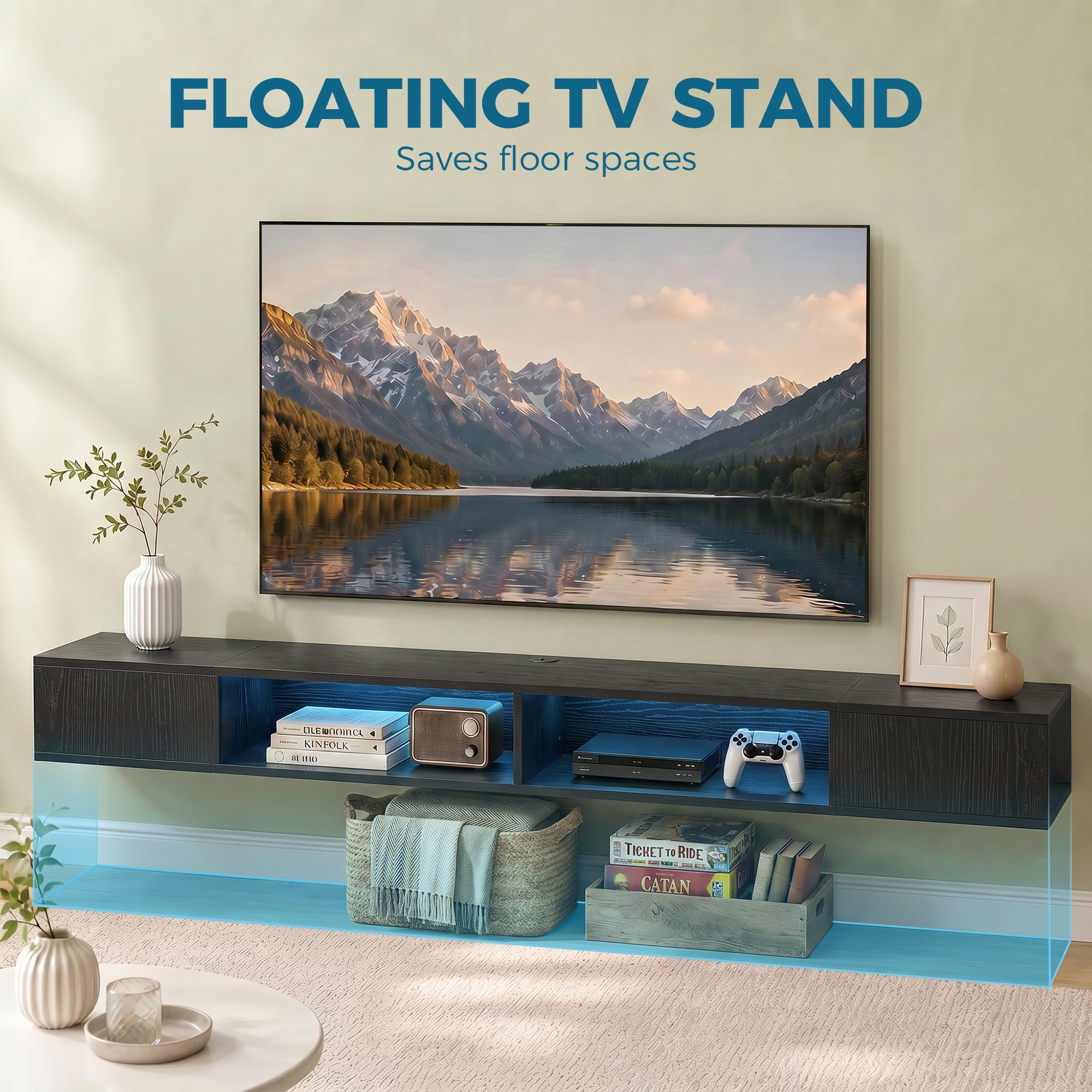 TV Stand for TVs up to 75 Inch, Modern Entertainment Center with RGB LED Lights, Floating Wall-Mounted Media Console with Open Shelves for Living Room, Black Wood Grain