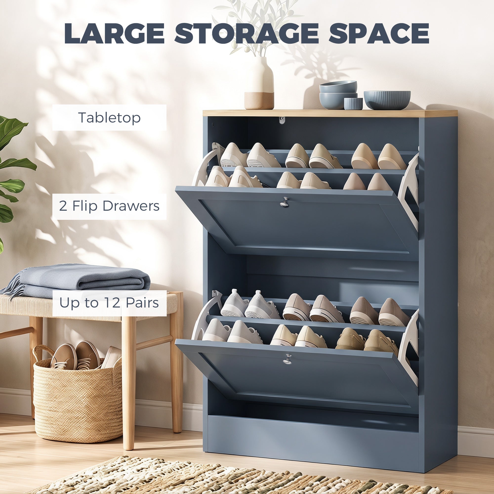 Shoe Storage Cabinet with 2 Flip Drawers, Wooden Freestanding Shoe Organizer with Adjustable Shelves for Entryway, Hallway, Blue