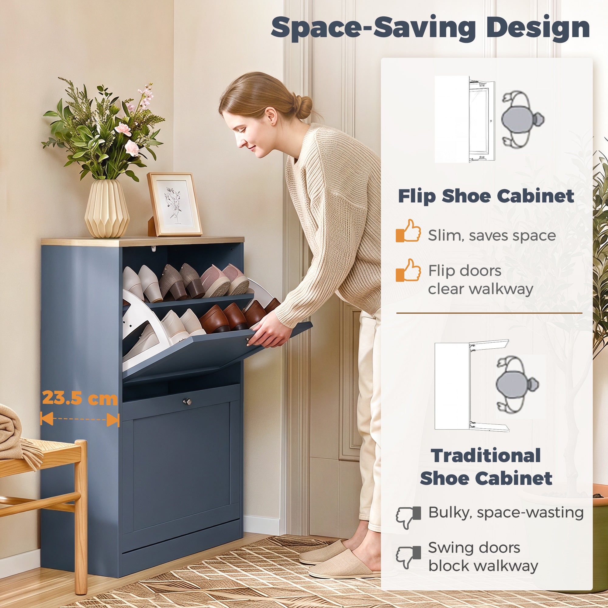 Shoe Storage Cabinet with 2 Flip Drawers, Wooden Freestanding Shoe Organizer with Adjustable Shelves for Entryway, Hallway, Blue