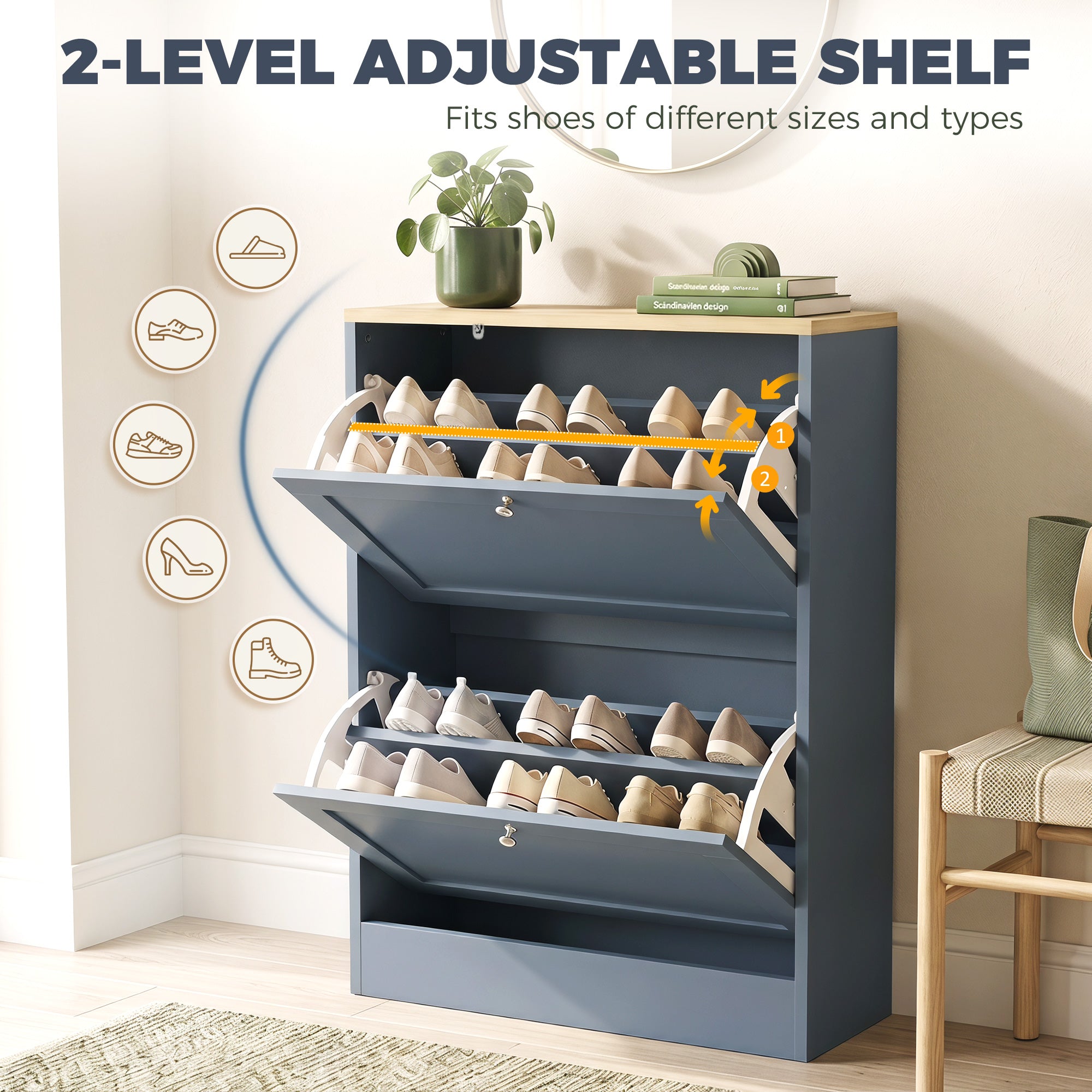 Shoe Storage Cabinet with 2 Flip Drawers, Wooden Freestanding Shoe Organizer with Adjustable Shelves for Entryway, Hallway, Blue