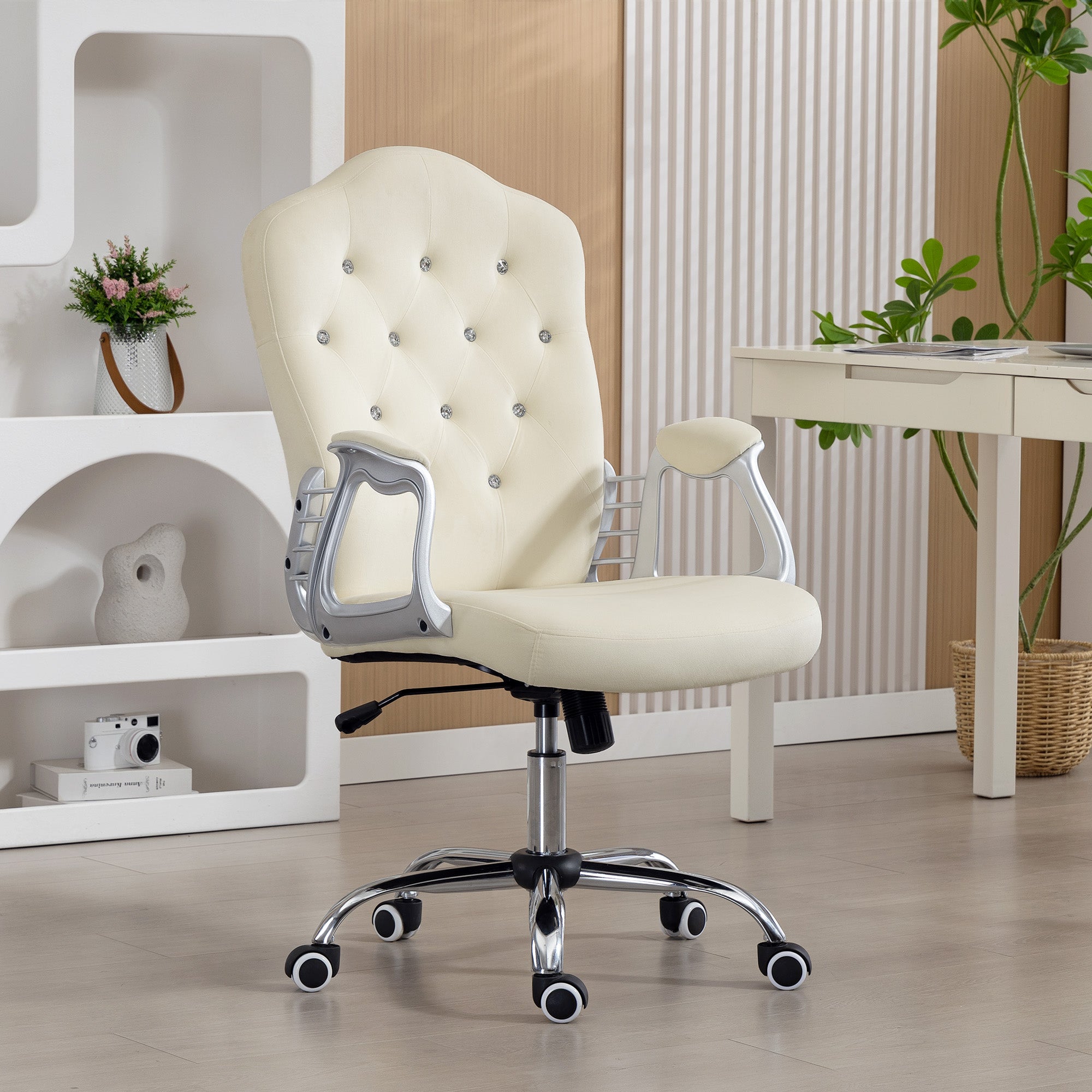 Vanity Office Chair, Velvet Computer Desk Chair with Swivel Wheels, Adjustable Height, Tilt Function, Beige