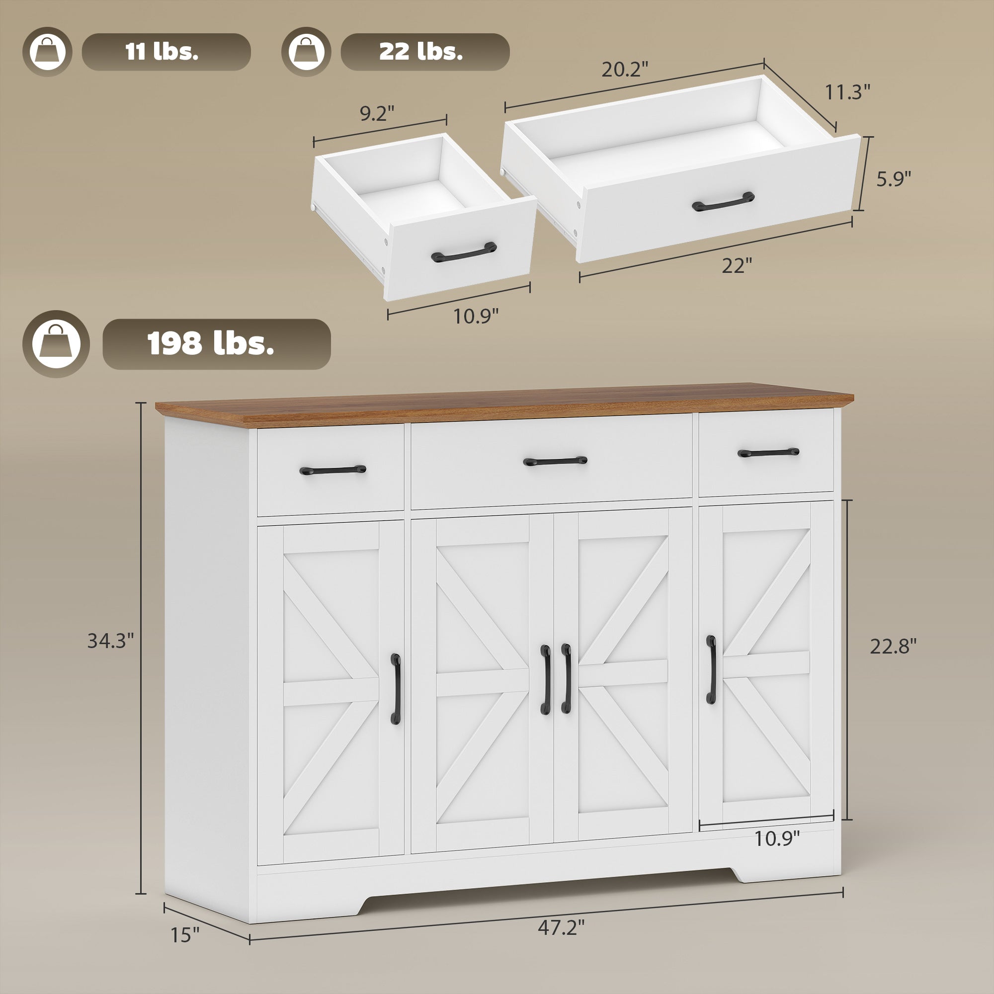 47" Sideboard Buffet Cabinet, Farmhouse Credenza with Soft-Close Hinges, Coffee Bar Cabinet with Spice Racks, 3 Drawers and 3 Adjustable Shelves, White