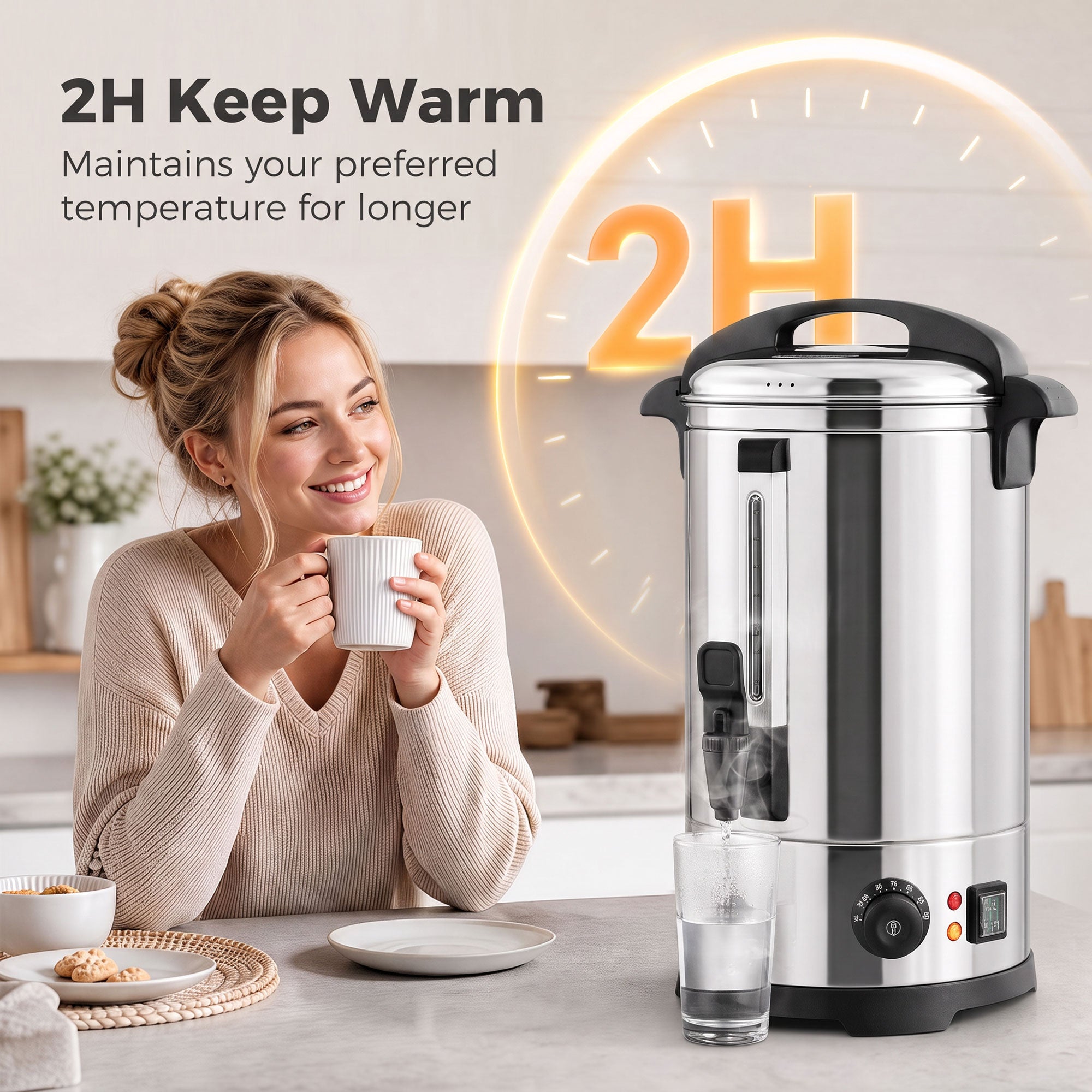 13L Catering Urn, 2500W Hot Water Boiler Dispenser with Thermostat, Stainless Steel Tea Urn Kettle with Keep Warm Function, Adjustable Temperature and Easy Pour Tap for Home Office Parties