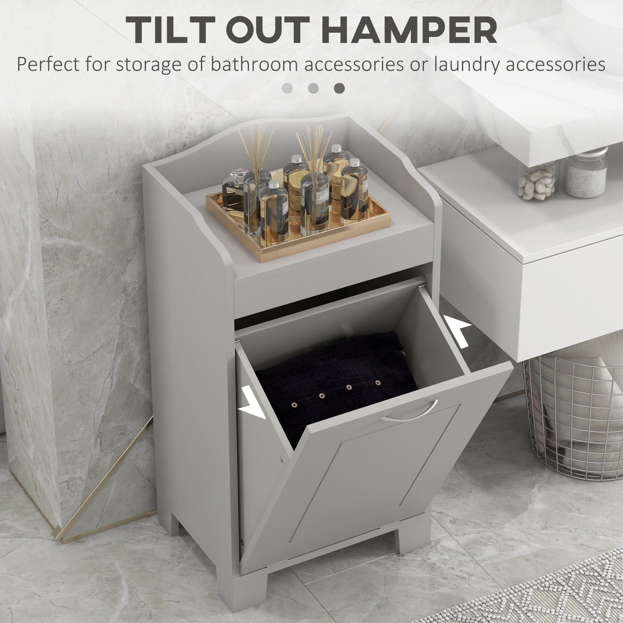 Tilt-out Laundry Storage Cabinet with Tabletop and Compartment Hamper, White