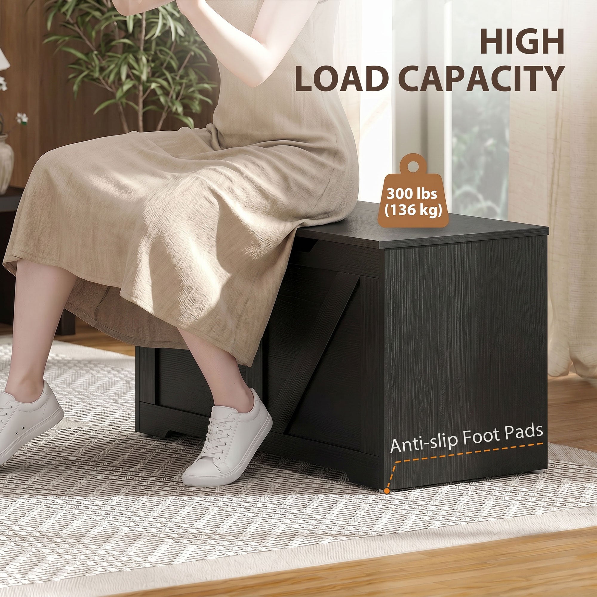 127L Storage Chest, Shoe Storage Trunk Bench Box with 2 Safety Hinges and U-shaped Cut-out Pull, Blanket Box Ottoman for Bedroom, Living Room, Entryway, 100 x 40 x 45 cm, Black Wood-Effect
