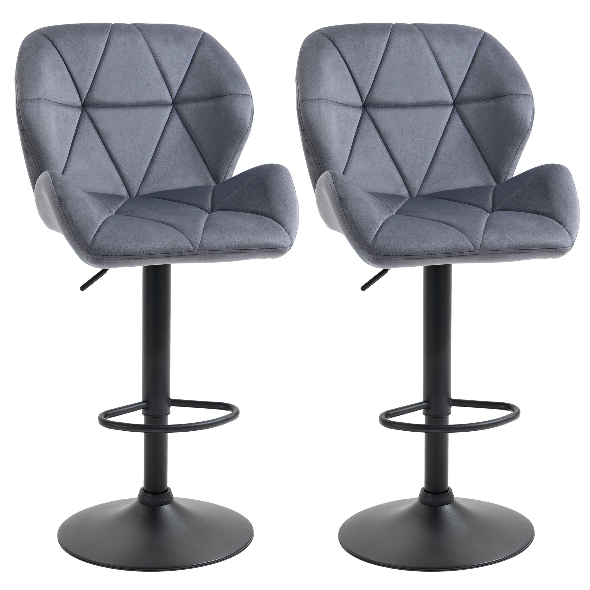 HOMCOM Adjustable Bar Stools Set of 2, Tufted Swivel Barstool with Back, Wide Seat and Footrest, Velvet Upholstered Bar Chairs for Kitchen, Dining Room, Grey