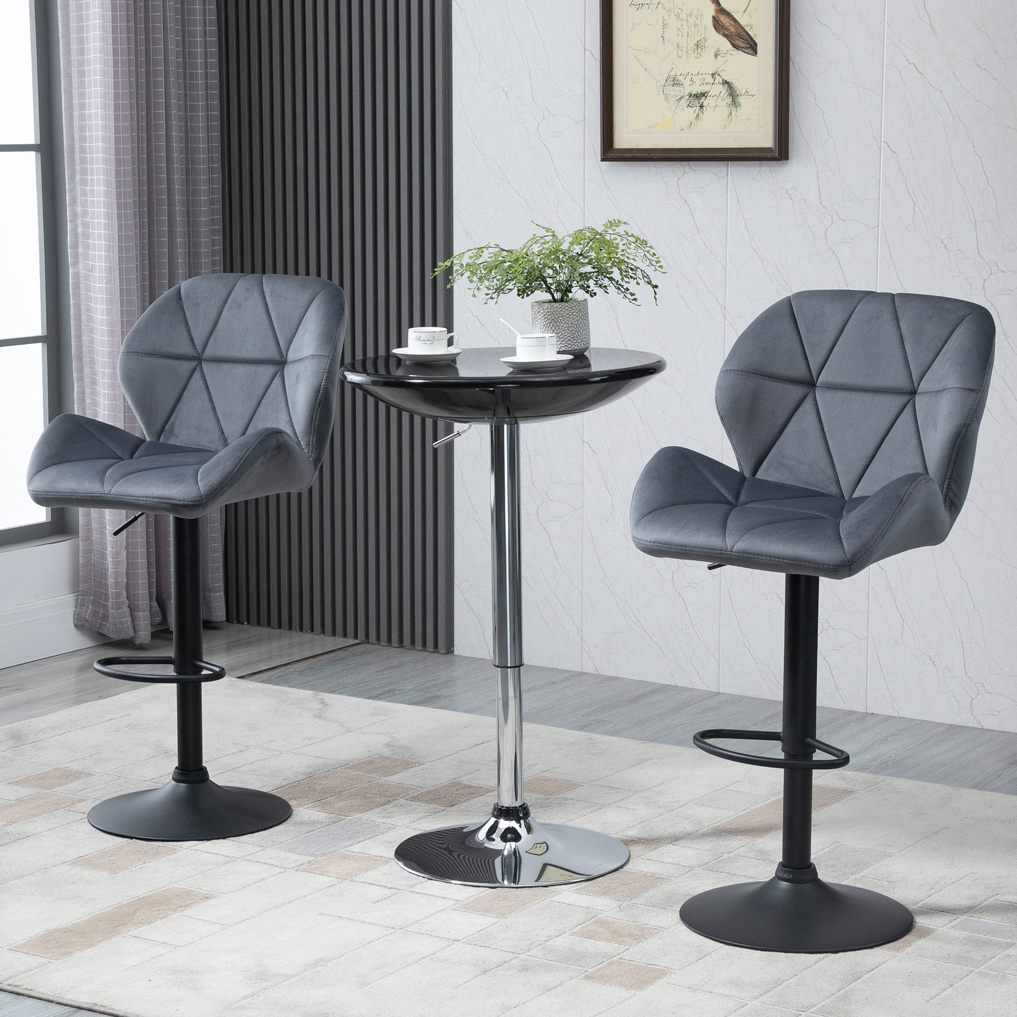 HOMCOM Adjustable Bar Stools Set of 2, Tufted Swivel Barstool with Back, Wide Seat and Footrest, Velvet Upholstered Bar Chairs for Kitchen, Dining Room, Grey