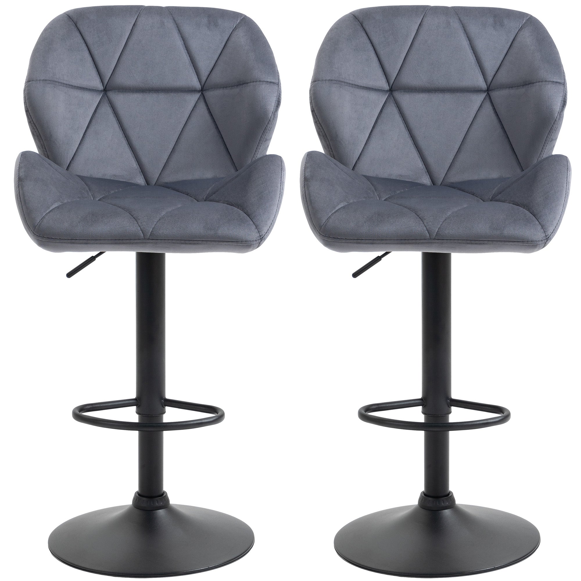 HOMCOM Adjustable Bar Stools Set of 2, Tufted Swivel Barstool with Back, Wide Seat and Footrest, Velvet Upholstered Bar Chairs for Kitchen, Dining Room, Grey