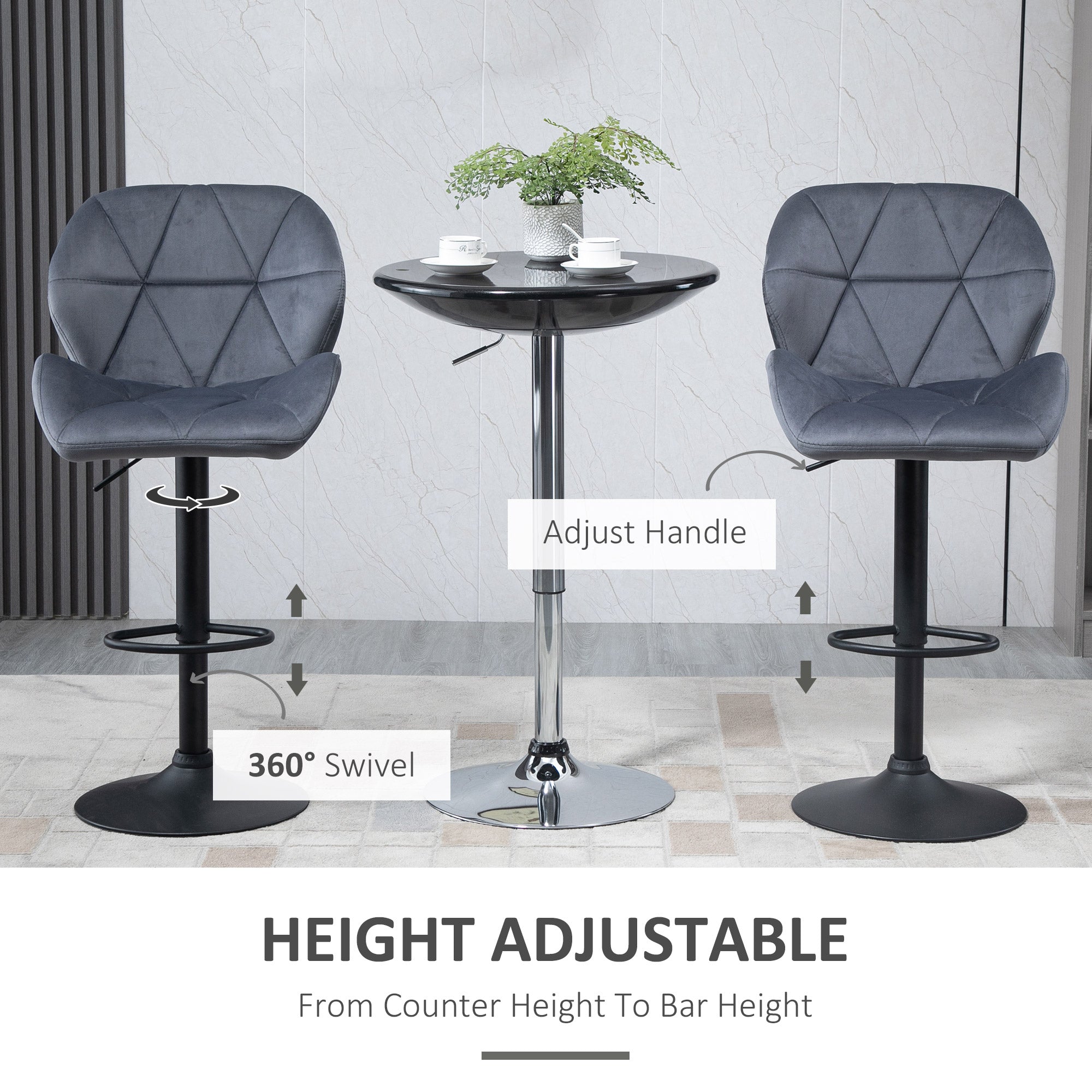 HOMCOM Adjustable Bar Stools Set of 2, Tufted Swivel Barstool with Back, Wide Seat and Footrest, Velvet Upholstered Bar Chairs for Kitchen, Dining Room, Grey