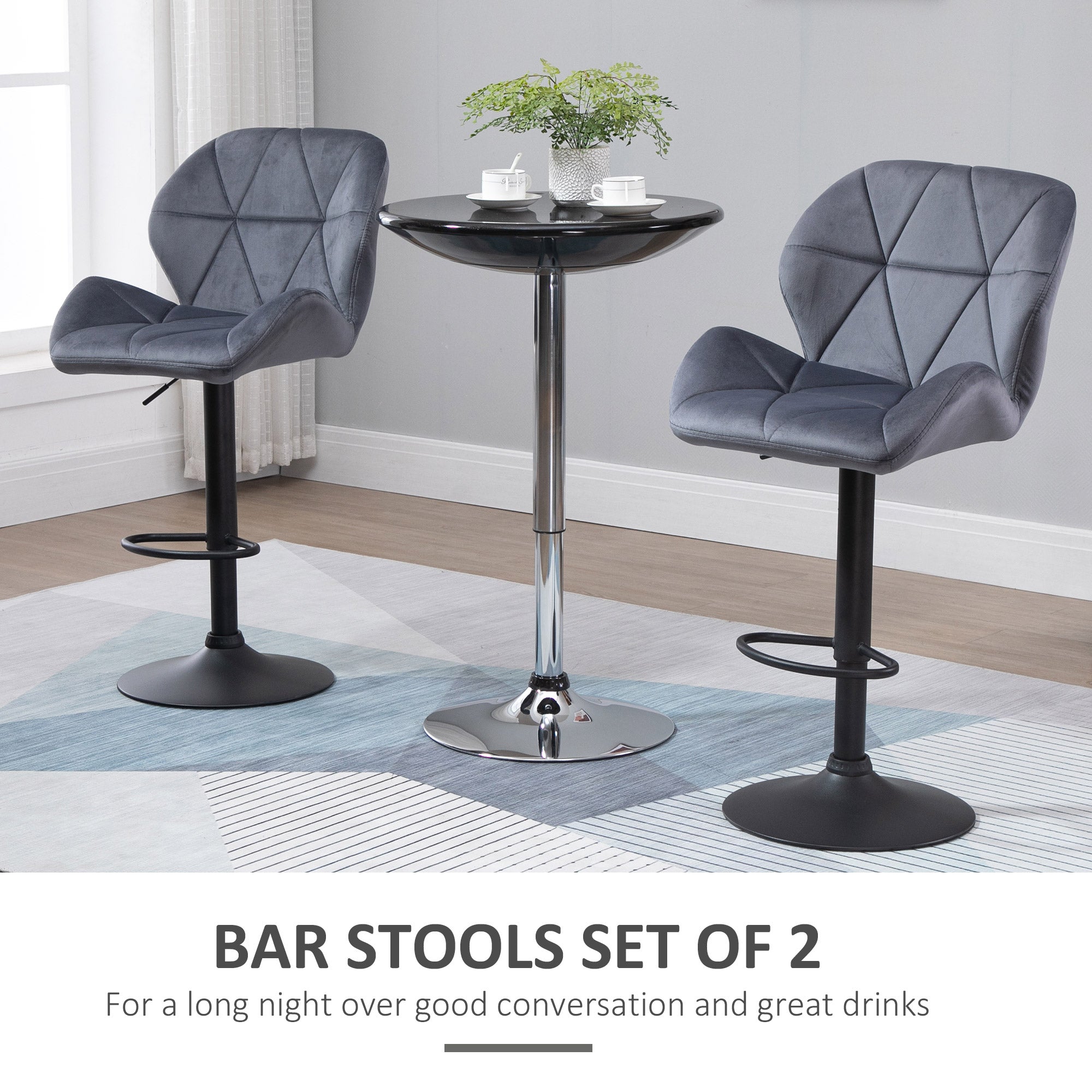 HOMCOM Adjustable Bar Stools Set of 2, Tufted Swivel Barstool with Back, Wide Seat and Footrest, Velvet Upholstered Bar Chairs for Kitchen, Dining Room, Grey