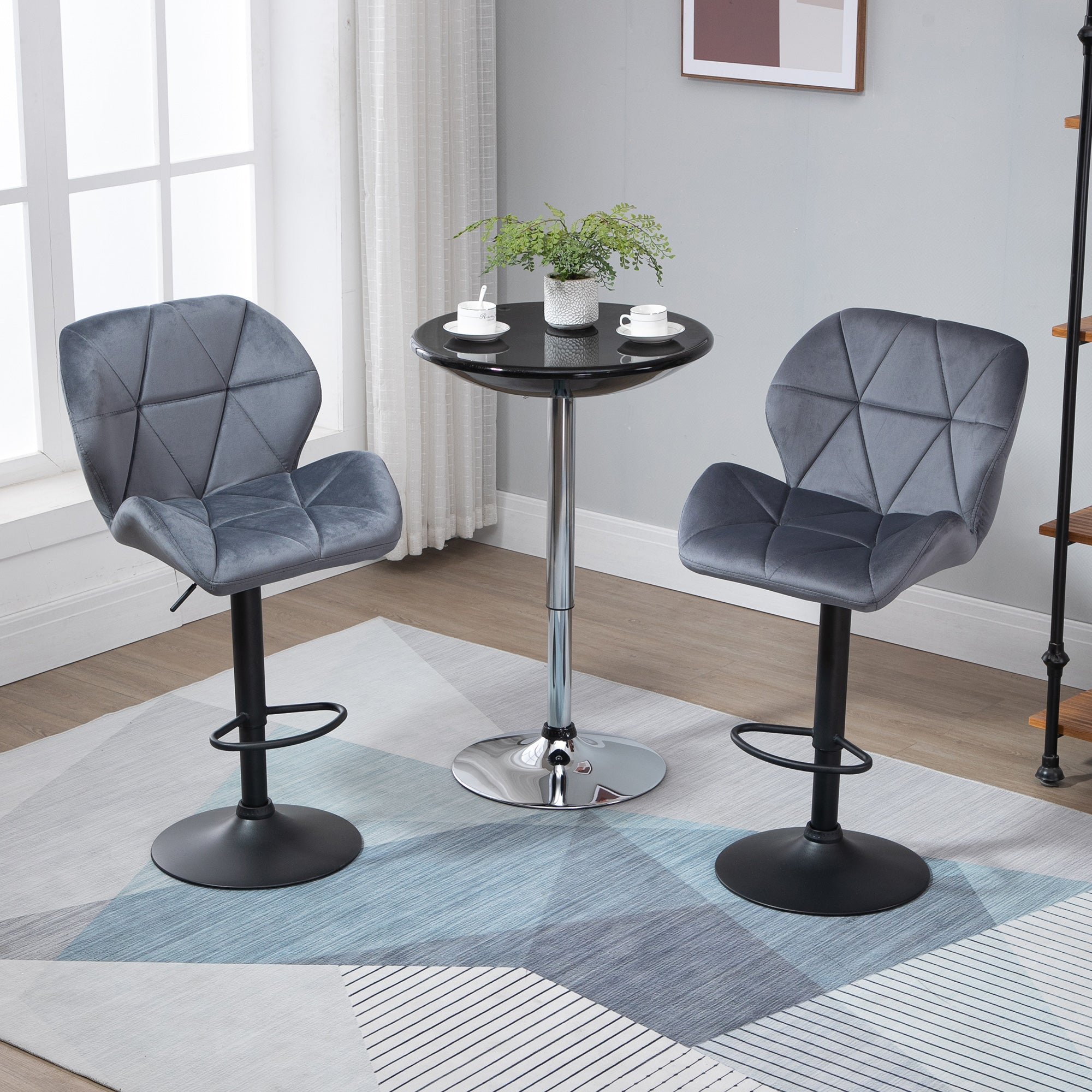 HOMCOM Adjustable Bar Stools Set of 2, Tufted Swivel Barstool with Back, Wide Seat and Footrest, Velvet Upholstered Bar Chairs for Kitchen, Dining Room, Grey