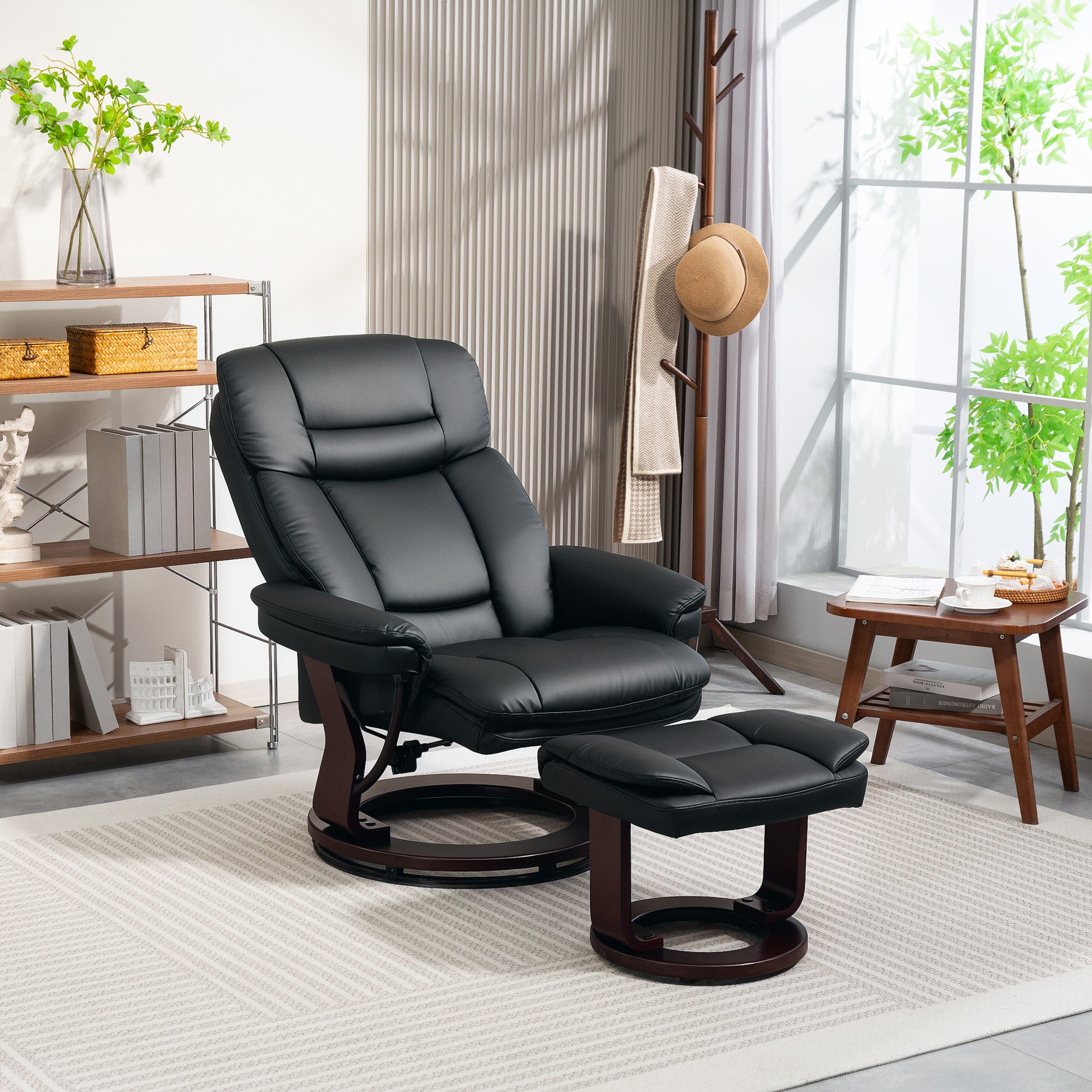 Swivel Recliner Chair with Ottoman, PU Leather Recliner with Adjustable Backrest, Footrest, Wood Base, Upholstered Reclining Chair for Living Room, Bedroom, Office, Black