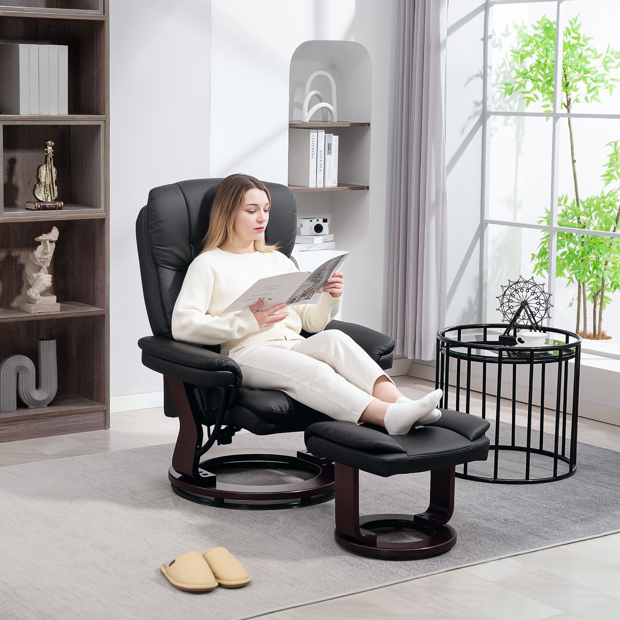 Swivel Recliner Chair with Ottoman, PU Leather Recliner with Adjustable Backrest, Footrest, Wood Base, Upholstered Reclining Chair for Living Room, Bedroom, Office, Black
