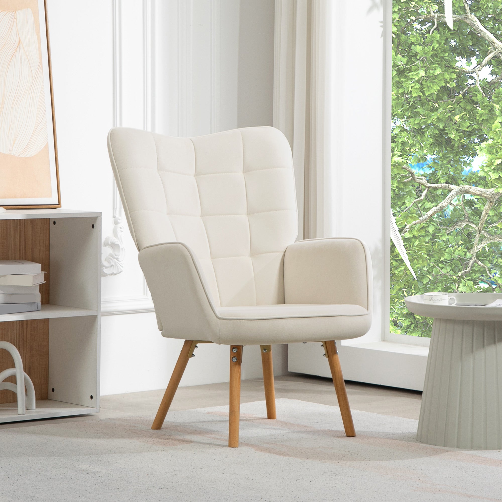 HOMCOM Modern Accent Chair, Upholstered Tufted Wingback Armchair with Seat Padding, Leisure Lounge Bedroom Chair with Wood Legs, Cream White