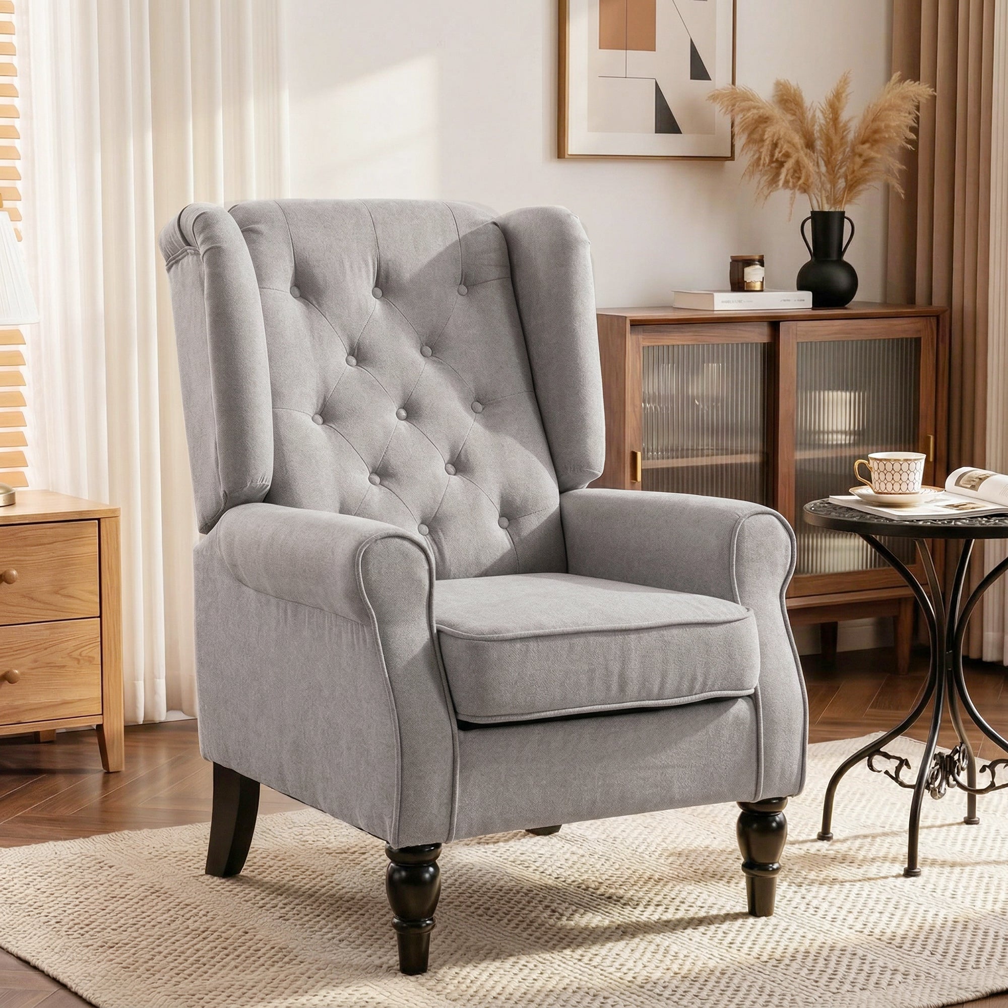 Retro Button Tufted Accent Armchair with Wooden Frame and Legs for Living Room, Bedroom, Grey - HOMCOM