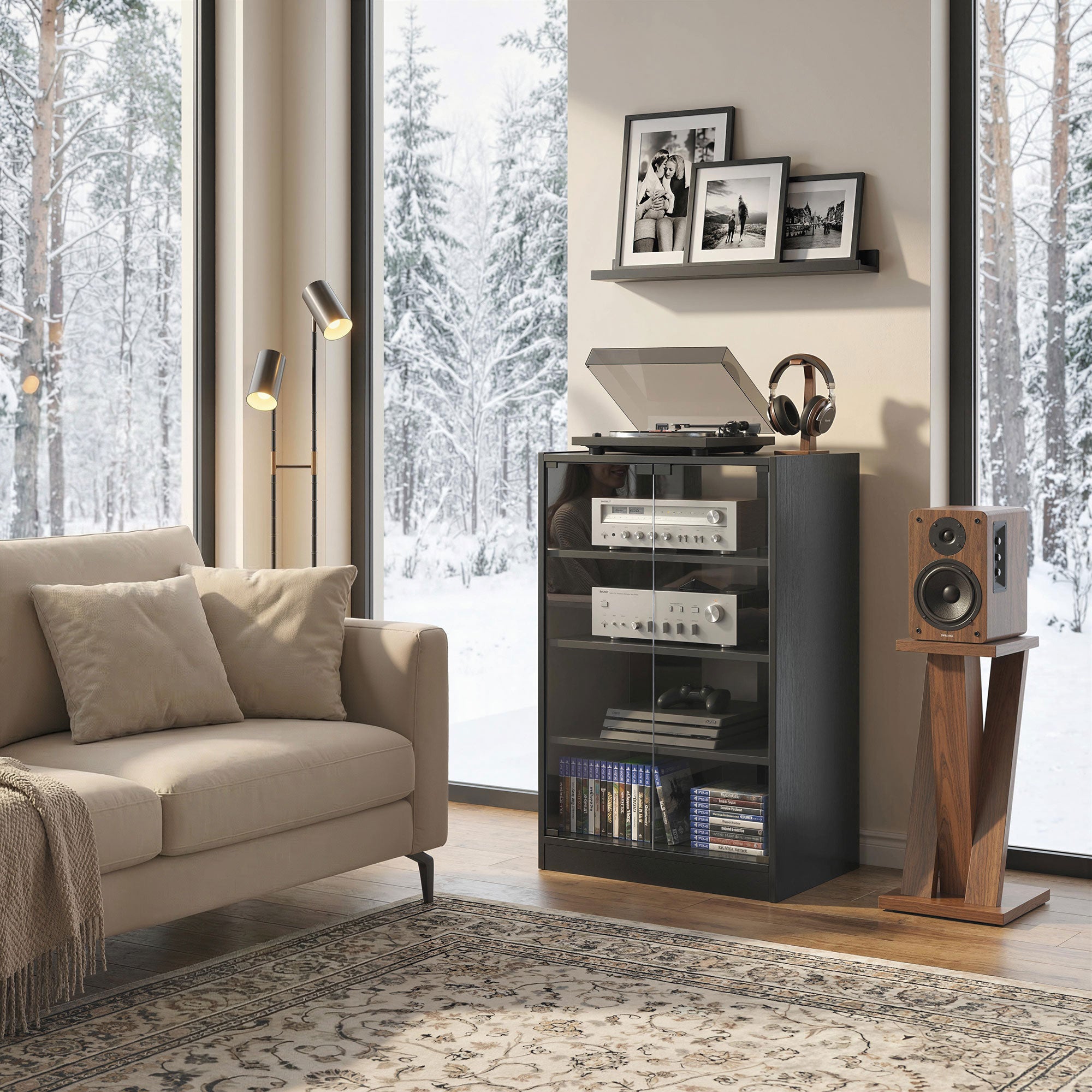 4-Tier Media Cabinet Stand w/ Adjustable Shelves & Cable Management, Distressed Black