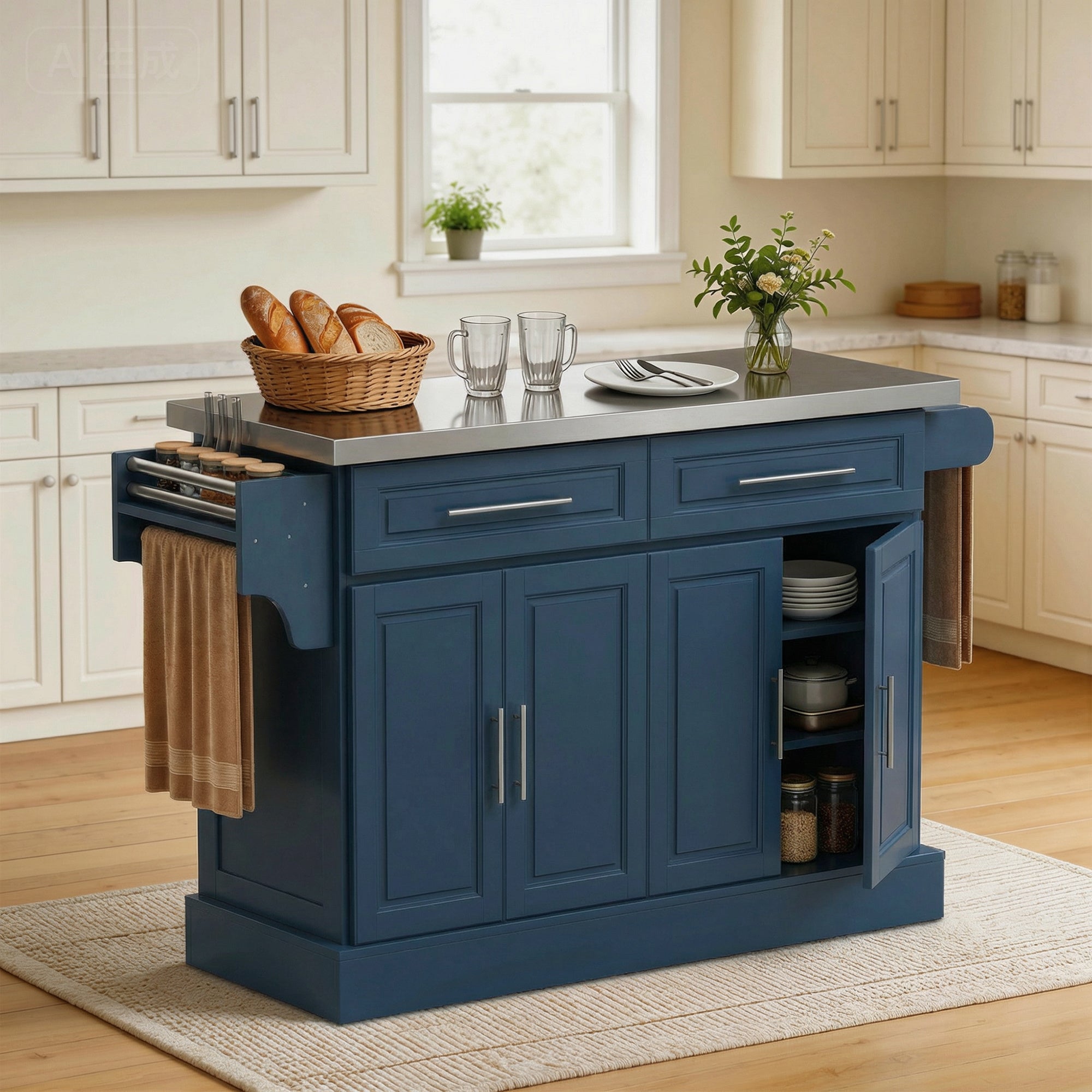 HOMCOM Rolling Kitchen Island with Stainless Steel Top and Storage