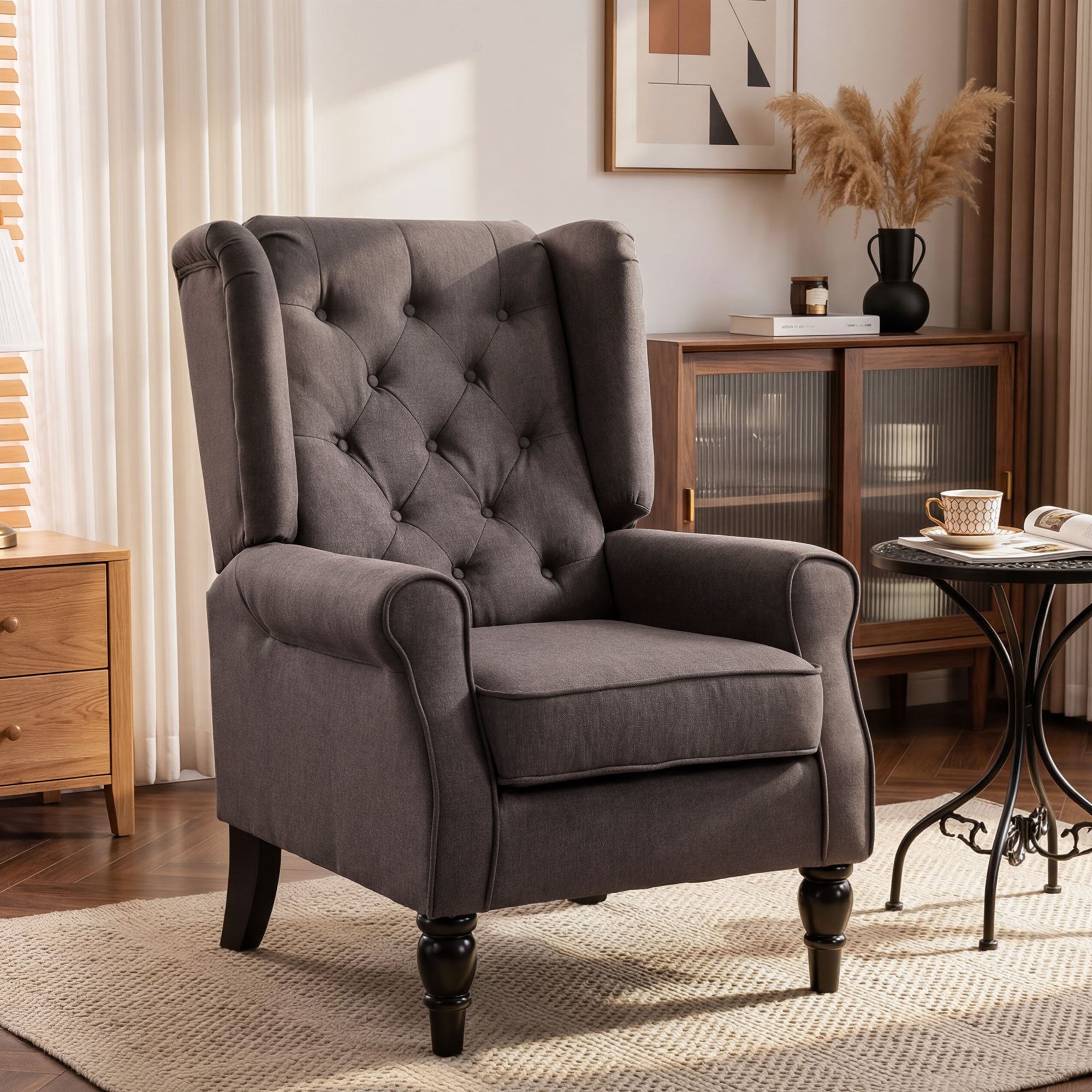 Mid-CenturyAccent Chair w/ High Wingback, Button-Tufted Fabric & Retro Wood Legs, Dark Brown - HOMCOM
