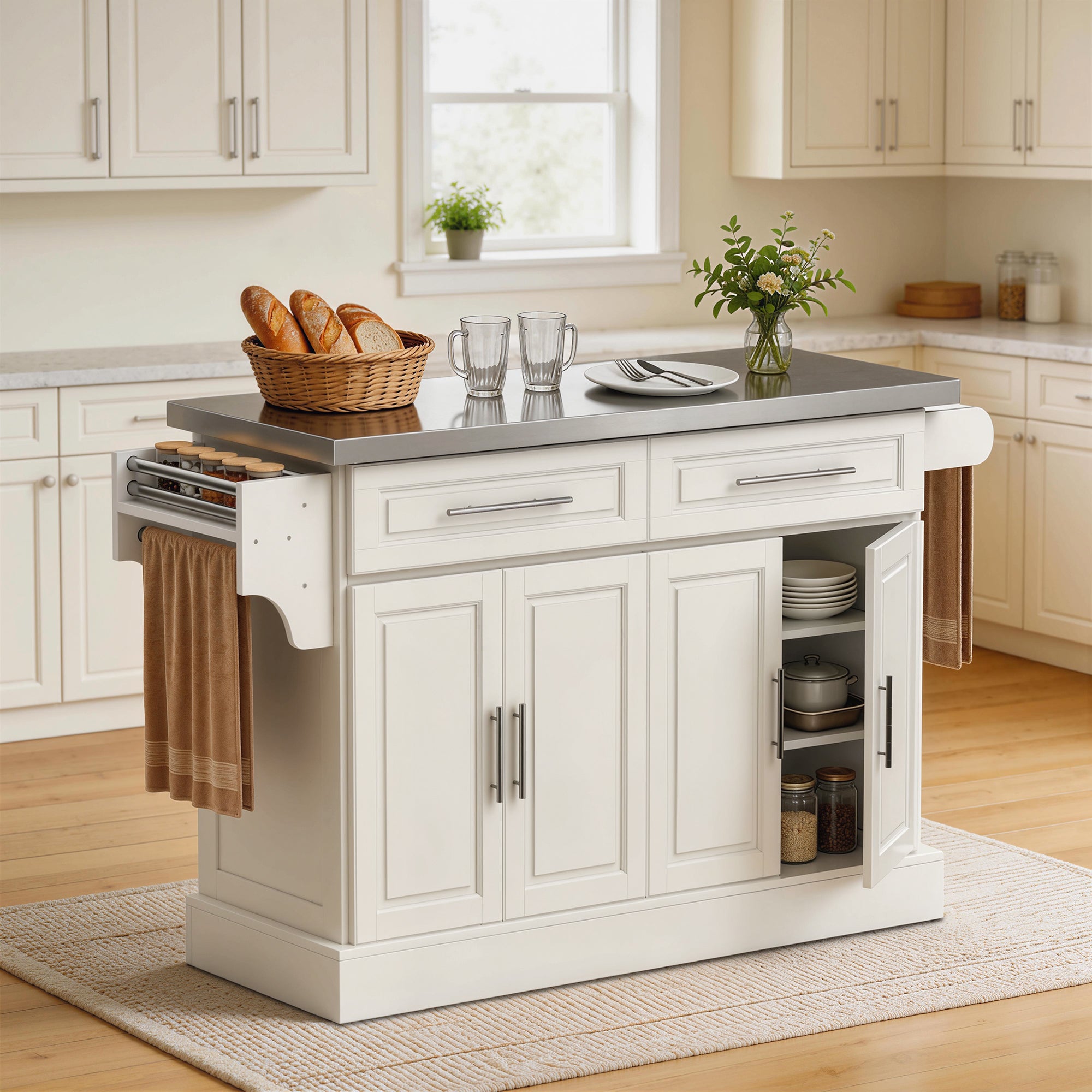 36" Stainless Steel Top Kitchen Island with Storage Drawers, Racks & Cabinets, Cream White - HOMCOM