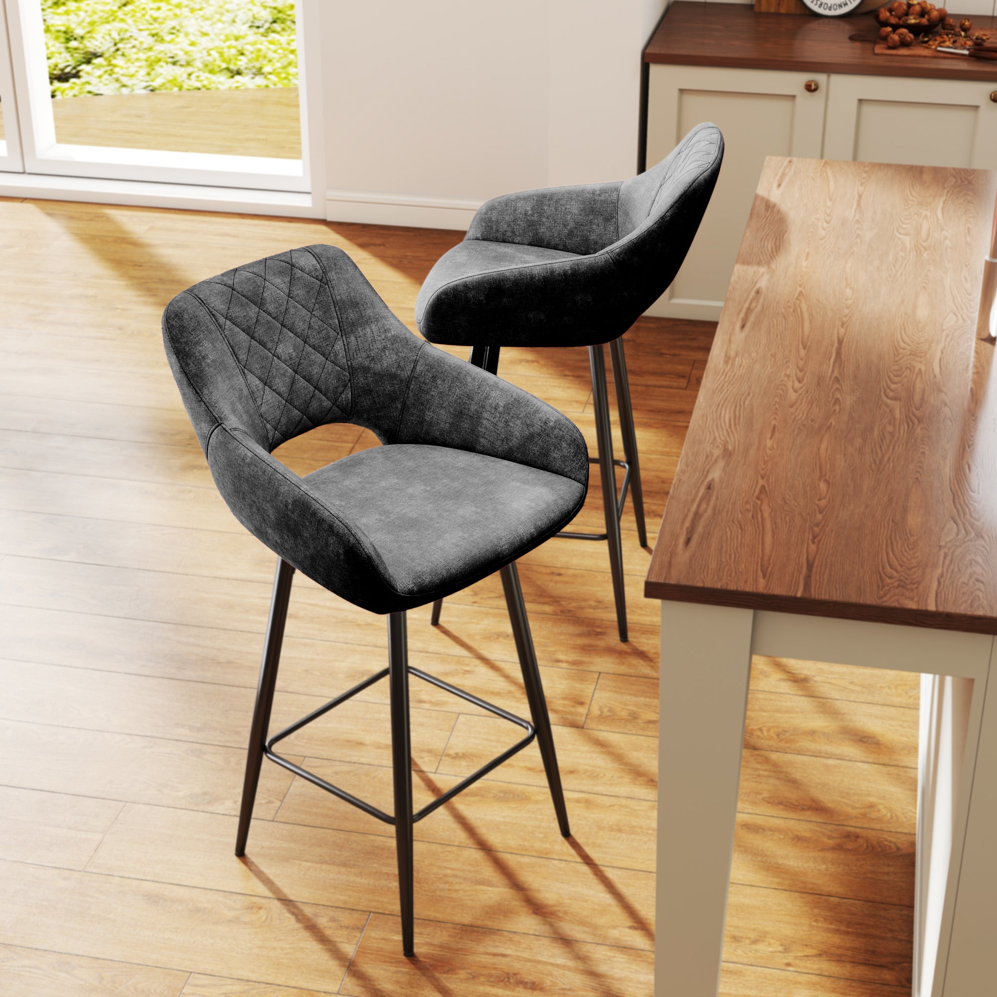 Aura Velvet Bar Stools Set of 2, Velvet-feel Fabric Counter Height Chairs with Steel Legs, Dark Grey - HOMCOM