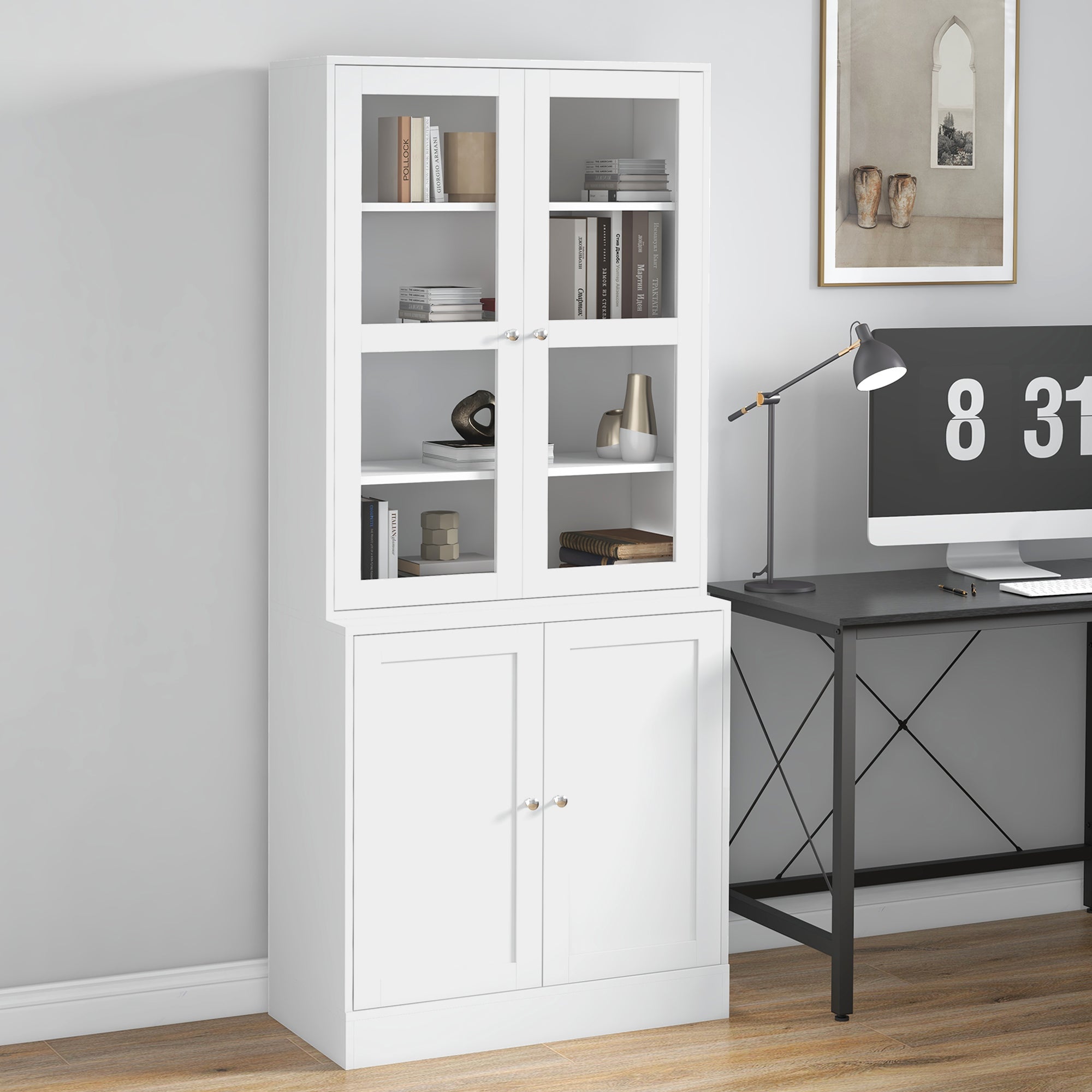 Modern Bookcase with Glass Doors, Display Storage Cabinet w/ Adjustable Shelves, White - HOMCOM